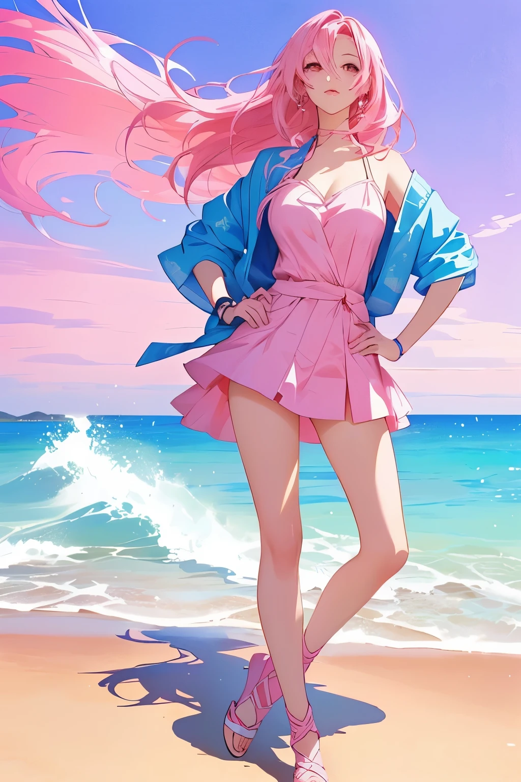 Anime style illustration of a woman standing on the beach, Character Art, Splash Art,Anime Girls, Pink Hair
