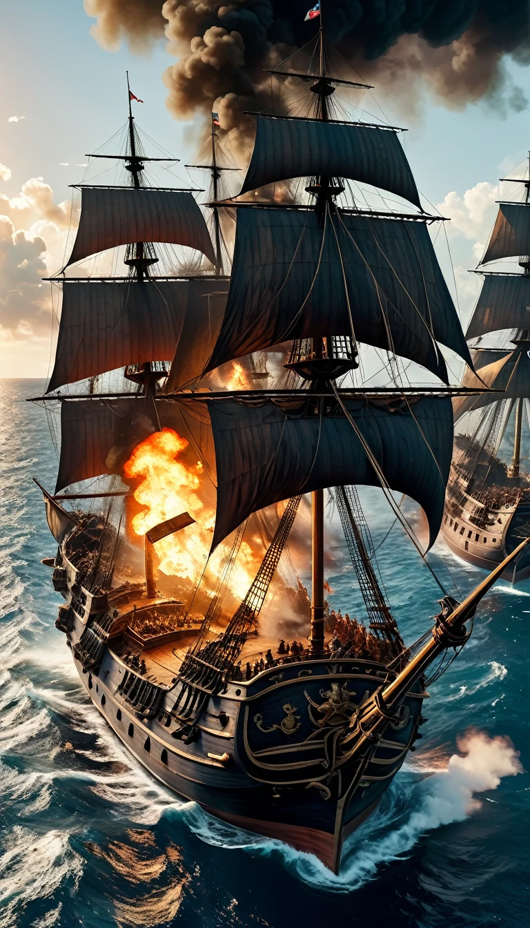 a dramatic cinematic scene of a pirate war, great naval battle in the caribbean during the 18th century, multiple ships shoot each other, with damages, fire, smoke, wounded pirates, dueling pirates fighting with swords and guns, aerial view, (best quality,4k,8k,highres,masterpiece:1.2),ultra-detailed,(realistic,photorealistic,photo-realistic:1.37),dramatic lighting,epic scale,intense action,dynamic composition,moody color palette,chiaroscuro lighting,cinematic framing,high contrast