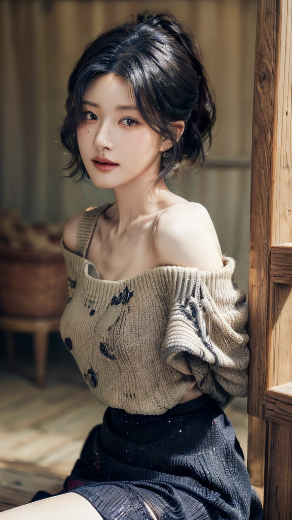 (8K, highest quality, masterpiece:1,2), (realistic, Photoreal:1.37), Super detailed, one girl,), (very detailed), (detailed and beautiful eyes), ((((highly detailed artwork))))、Earrings、((Two-toned hair))、ponytail、(((Inside a stylish secondhand clothing store)))、(masterpiece、Highest quality、In 8K、32K、masterpiece、Super huge 、Ultra-high resolution、Impressionism、Realistic:1.2)、((Cowboy Shot)),  Sharp focus、Beautiful face with detailed background of face and eyelids、Glowing Skin、Sharp pupils、Realistic eyes and beautiful face、Blurred Background、Beautiful 28 year old girl、Glowing Skin、(((bright and beautiful hair)))、iris、curve、Powerful composition,  ((seductive looks))、((horny expression))、、(light blue hair color))、[black hair]、Best Quality, Ultra High Definition, (Photorealistic:1.4),Sunset Light, Ponytail, Korean Women, (big breasts), Detailed Photo, Smiling, Sexy, Black Shirt, Facing Camera,  (Masterpiece: 1.3), (8K, Photorealistic, Best Quality: 1.4), (1girl), Beautiful Face, (Realistic Face), (Black Hair, Short Hair: 1.3), Beautiful Hairstyle, Realistic eyes, beautiful detail eyes, (realistic skin), beautiful skin, (sweater), absurd, attractive, ultra high resolution, ultra realistic, high definition, golden ratio, sitting, crossed legs, black skirt, ((shoulder length hair))
