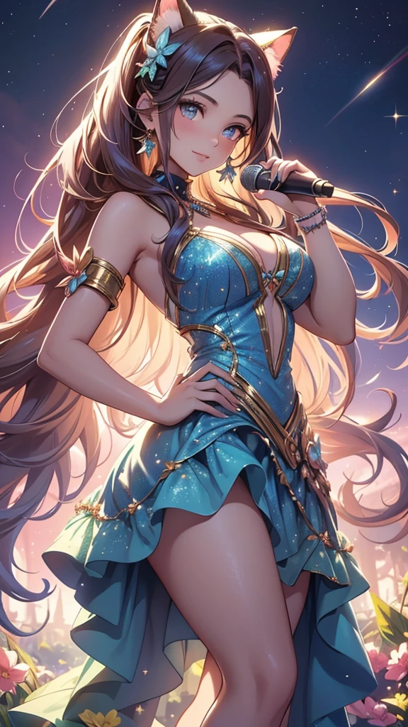 (best quality,4k,8k,highres,masterpiece:1.2),ultra-detailed,(realistic,photorealistic,photo-realistic:1.37),acrylic painting,beautiful Brazilian model in a ta dress with downy hair,beautiful Brazilian model with extremely colorful hair and detailed facial features,beautiful Brazilian model standing in a beautiful garden surrounded by a starry sky,brown hair,beautiful Brazilian model wearing a vibrant Loliress,beautiful Brazilian model with intricate accessories,cat ears,beautiful Brazilian model posing gracefully with her hands on her hips,beautiful Brazilian model with long flowing twintails,beautiful Brazilian model with bright blue eyes and rosy lips,beautiful Brazilian model with a joyful expression,beautiful Brazilian model in a dynamic pose with cherry blossoms falling around her,beautiful Brazilian model surrounded by colorful flowers and butterflies,beautiful Brazilian model's dress adorned with cute bows and lace details,beautiful Brazilian model with an enchanting smile,beautiful Brazilian model with soft, pastel-colored shading,beautiful Brazilian model with a magical glow illuminating her,beautiful Brazilian model in a picturesque setting with a winding path leading to a magnificent castle,beautiful Brazilian model holding a microphone and singing passionately,beautiful Brazilian model with a fairytale-like background,beautiful Brazilian model with a soft, dreamy atmosphere,beautiful Brazilian model with a subtle bokeh effect,beautiful Brazilian model standing under a moonlit sky,beautiful Brazilian model with a warm, golden sunset in the background,beautiful Brazilian model surrounded by twinkling stars and colorful nebulae,creating an ethereal and captivating artistic masterpiece.