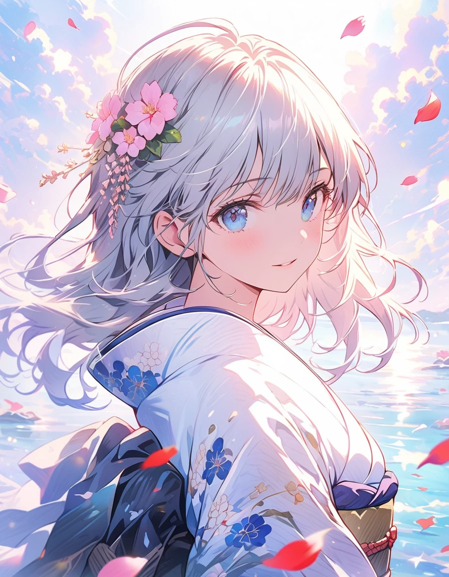 (Very detailedなCG、Unity、8k wallpaper)、(Very delicate and beautiful)、Woman in kimono, (masterpiece)、(Highest quality:1.0)、(超High resolution:1.0)、Beautiful lighting、Perfect Lightning、Realistic Shadows、[High resolution]、Detailed skin、Very detailed、Detailed face and eyes、Realistic eyes、blue eyes、Floats on water、Gray Hair、A young woman with a melancholy expression, surrounded by falling flower petals in a warm, cozy setting with soft lighting. Detailed anime-style illustration with a dreamlike, nostalgic atmosphere.