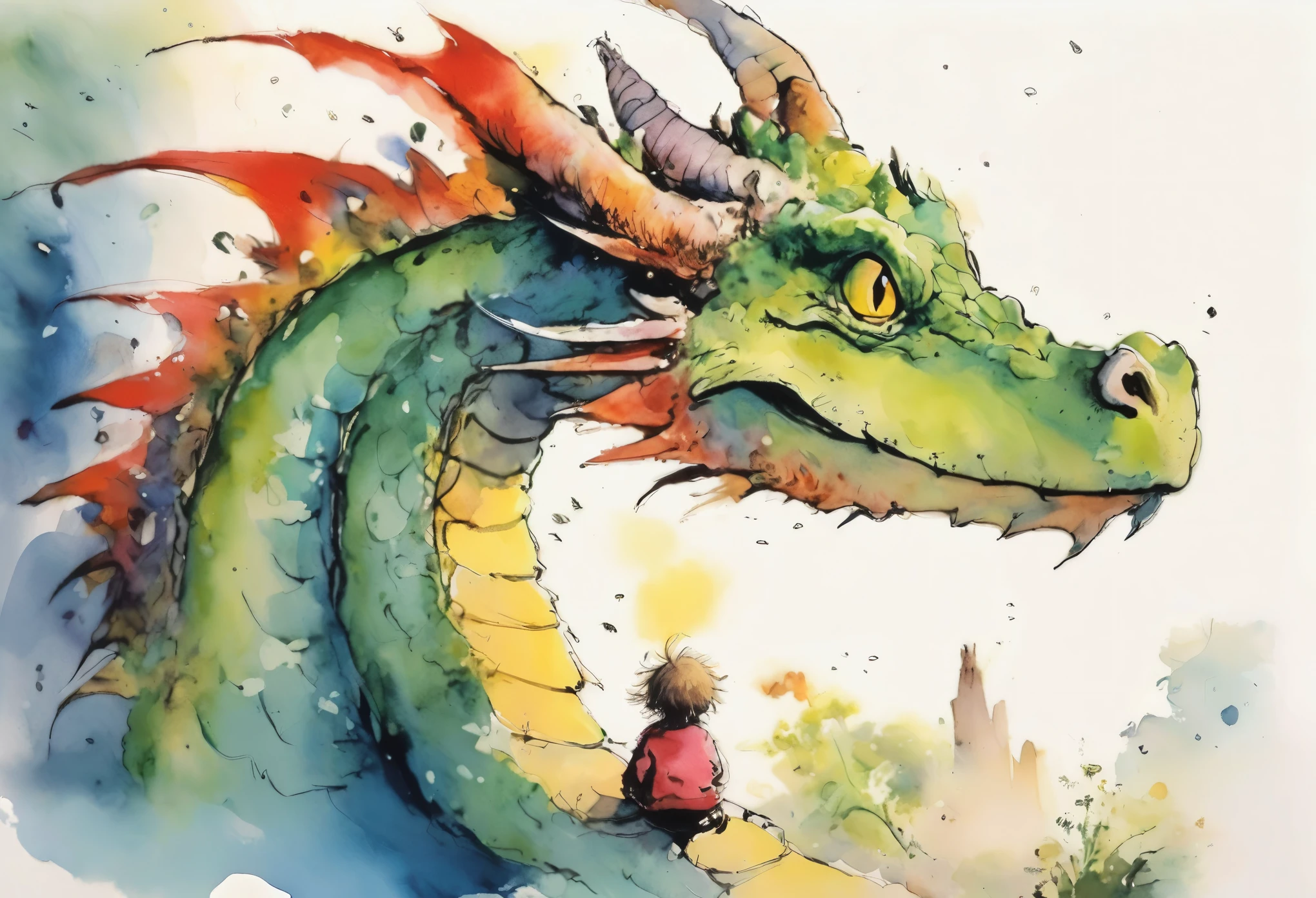 Quentin Blake style photo 、gentle dragon face、Fairytale worldview、hight resolution、Beautiful fece、top-quality、masterpiece、ighly detailed