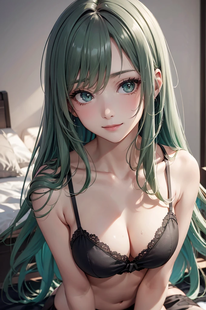 Best Quality,High resolution,8k,finelity detailed background,Masterpiece:1.2),beautiful girl,Shiny green hair,messy hair,Green Eyes,Gentle look,A refreshing look,smile,Best quality,Best Quality,Aesthetic and aesthetic:1.2,Best details((Super detailed))(High-definition CG illustrations),Dark grey underwear,Big Breasts, (dark gray),Slender body,night,Moonlight,Bedroom,On the bed,smile,blush,cute,Scrounge,Looking up,Being spoiled,super model,wariza,shoot from,below