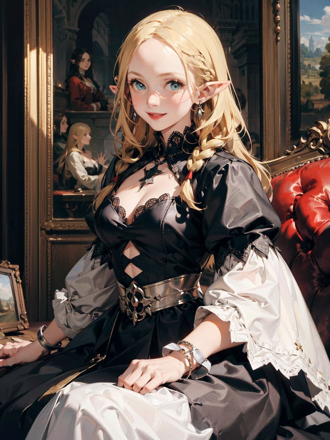 Gothic fashion woman，(masterpiece, Highest quality) detailed,Silver Accessories , blonde ,Pointy Ears ，Lace Underwear，Double Tail，Waist-length hair，smile，White lace socks，Rococo、Gorgeous dress
