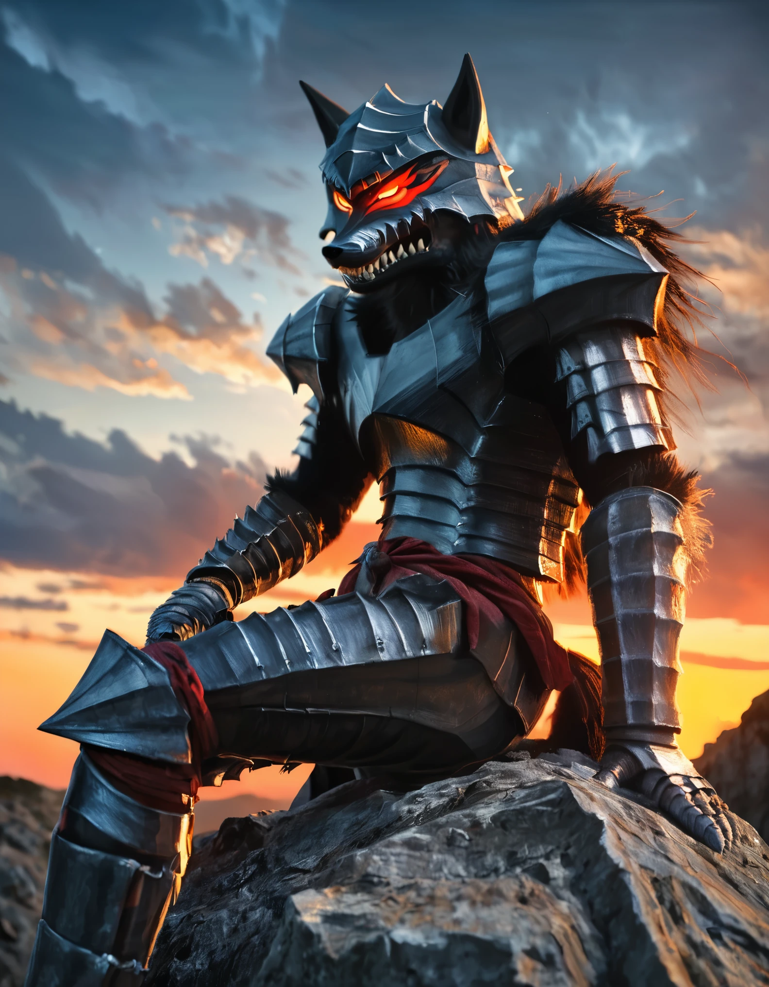 Guts (Berserk), Digital painting featuring a dark, fantasy-themed scene with anatomically correct human Guts berserk proportions, inspired by the style of Kentaro Miura, with a Seinen manga aesthetic. The layout is vertical, with the central subject being a humanoid figure in highly detailed, elaborate, dark armor, perched on a jagged rock formation. The figure has a wolf-like helmet with glowing red eyes and is holding a large, menacing sword over its shoulder. The armor is intricately detailed with sharp, angular designs and a fur-like texture around the shoulders and waist, showcasing a high level of realism. The background is a dramatic, stormy sky with hues of red, purple, and orange, suggesting a sunset or sunrise. The image is rendered in high-quality 4K resolution, with a focus on super detail and realistic textures. "Artvision1999"
