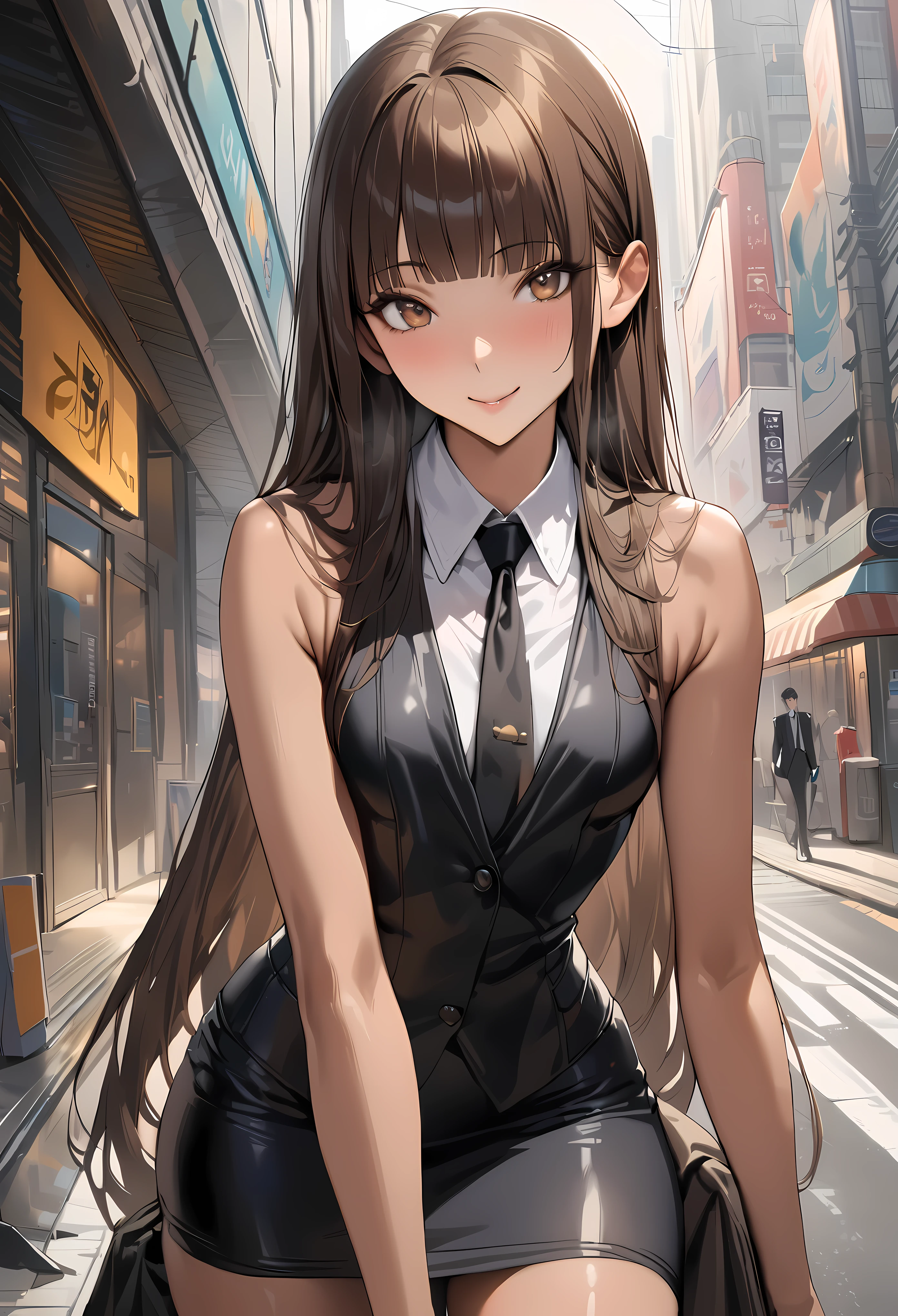 ((masterpiece,best quality anime,Highest quality:1.3)),realistic,(cowboy shot),25 year old beauty,solo,1woman,((very small head:1.3)),((very long body:1.2)),ideal ratio body proportions,tan skin,brown hair,bangs,straight long hair,gorgeous eyes,brown eyes,smile,(Black formal jacket、Black tie、Black tight mini skirt),White collared shirt、((slender body,skinny,toned body)),small breasts,gleaming skin,、on street,Shibuya Station、、