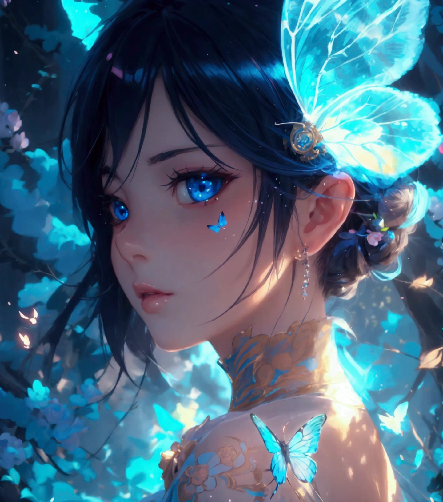 anime girl with butterfly wings and blue eyes, artwork in the style of guweiz, detailed digital anime art, beautiful anime portrait, digital anime art, stunning anime face portrait, anime girl with cosmic hair, detailed portrait of anime girl, digital anime illustration, highly detailed exquisite fanart, anime styled digital art, 8k artgerm bokeh, kawaii realistic portrait