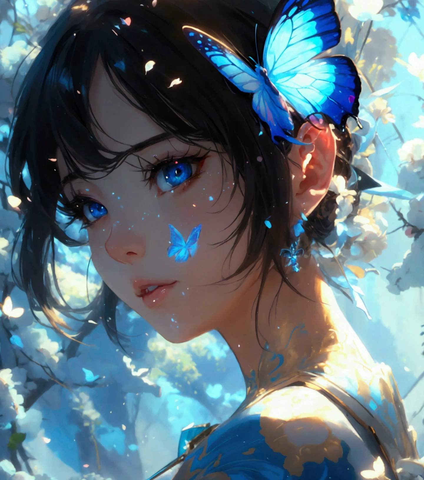 anime girl with butterfly wings and blue eyes, artwork in the style of guweiz, detailed digital anime art, beautiful anime portrait, digital anime art, stunning anime face portrait, anime girl with cosmic hair, detailed portrait of anime girl, digital anime illustration, highly detailed exquisite fanart, anime styled digital art, 8k artgerm bokeh, kawaii realistic portrait