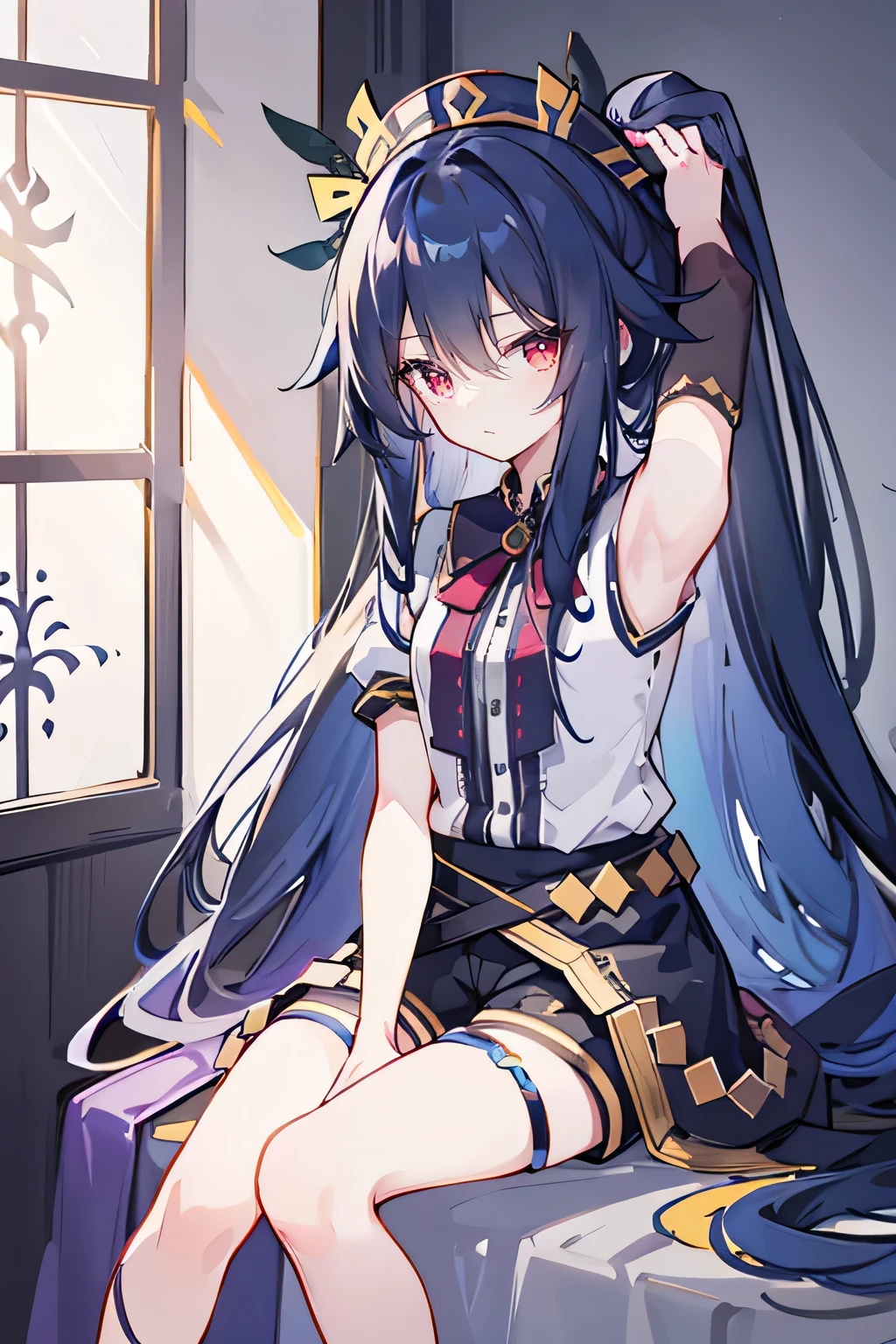 girl,Medium chest,Headdress,Tall,young,Set-Gladiator,Long hair,hair tying,indoor,Black shorts,Knee-length,Low Ponytail,dark blue long hair,