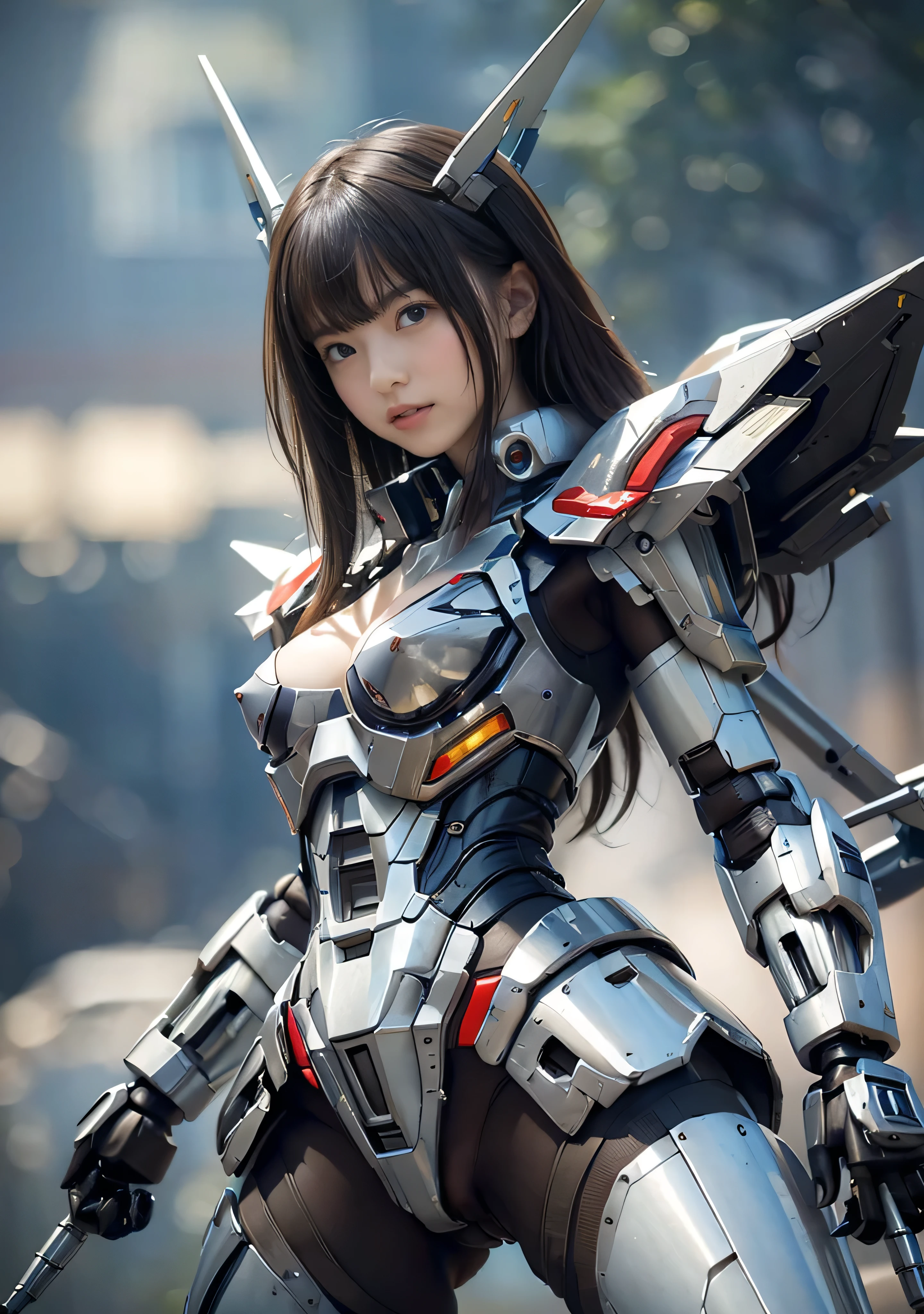 (masterpiece, 最high quality:1.2), 8k, Young and beautiful girl, Tabletop,Official AR RAW Photos, 、14 years ul black hair, (((Big Breasts:1.4))), Cleavage, Raw skin shoulder, Rough skin, (Completely naked:1.4), Mechanical parts that hide nipples, (Exposed lower abdomen:1.4), Machine parts attached to the crotch, The lower half of the body with exposed bare skin, Thin pubic hair, Very detailed, Advanced Details, high quality, 最high quality, High resolution, 1080P, hard disk, beautiful,(Gundam), Battle Mode,She wears a futuristic Gundam mecha,