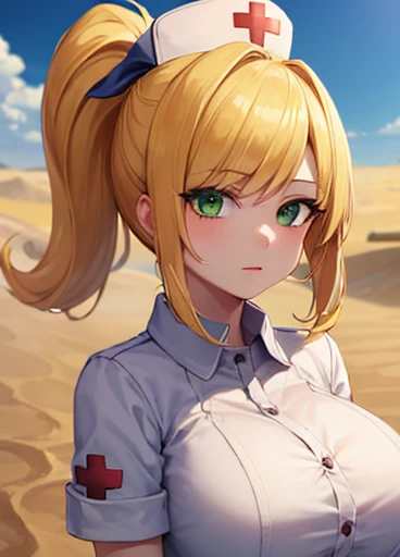 ((best quality)), ((highly detailed)), masterpiece, absurdres, (detailed eyes, deep eyes), (1girl), upper body, terrarianurse, blonde hair, ponytail, green eyes, gigantic breasts, nurse, nurse cap, (in a desert, sand, noon)