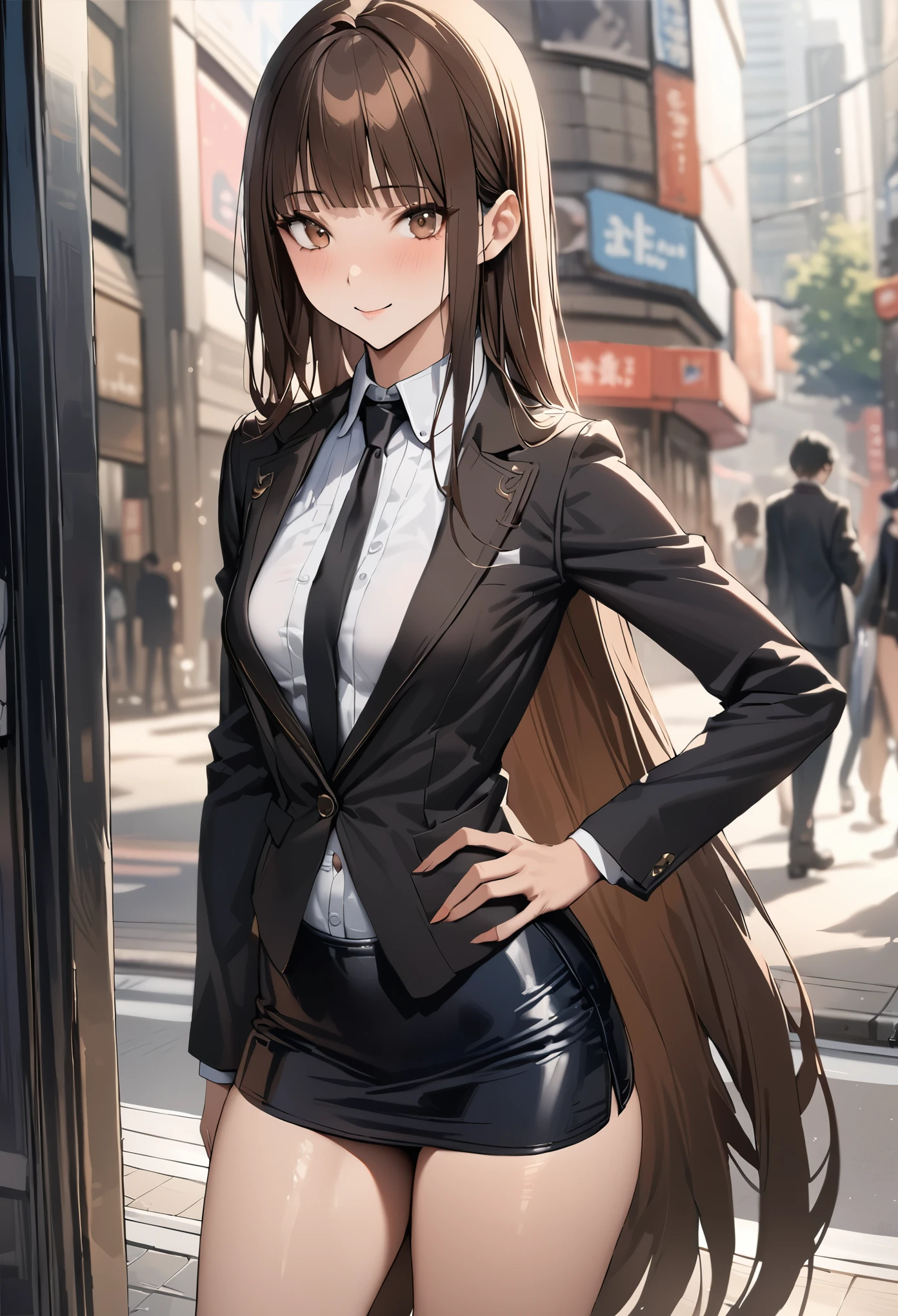 ((masterpiece,best quality anime,Highest quality:1.3)),realistic,(cowboy shot),25 year old beauty,独奏,1woman,((very small head:1.3)),((very long body:1.2)),ideal ratio body proportions,tan skin,brown hair,bangs,straight long hair,gorgeous eyes,brown eyes,smile,(Black formal jacket、Black tie、Black tight mini skirt),White collared shirt、((slender body,skinny,toned body)),small breasts,gleaming skin,、on street,Shibuya Station、、