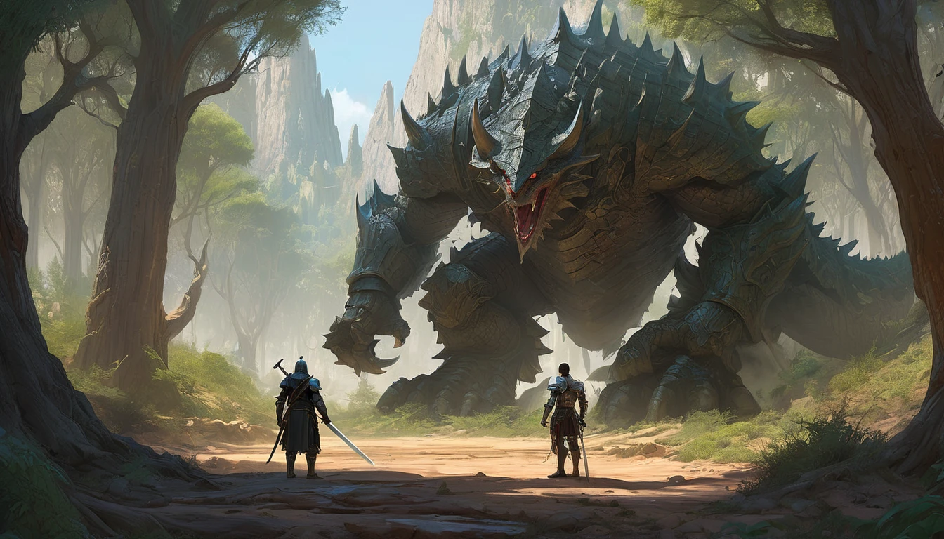 "Create a digital painting of a man in armor with a sword, facing away from the camera and confronting a giant monster in a medieval setting, with a mix of forest and desert landscapes, featuring (((intricate details))), (((best quality))), (((extremely detailed quality))), and (((complex composition)))." | Related artists: Craig Mullins, Ruan Jia, Artgerm