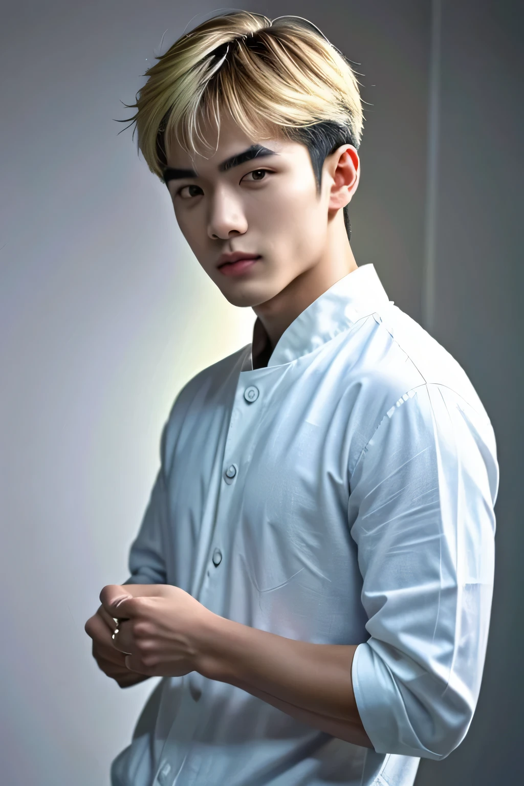 (masterpiece:1.21),(bestquality:1.21),8k,high detailed,ultra-detailed,photography,award winning,documentary,Original Photo,Realisticity,solo,Studio lighting,High resolution scan,physically-based rendering,Cinematic Lighting,award winning work,depth of field,(low saturation:1.3),(1boy;1.4:1.1),a male,male focus,silm,Asian,handsome face,Well-Proportioned Hands,Real Skin Texture,White Marble Glowing Skin,model,thick eyebrows,(random_color_ Fashion_clothing:1.45),(random colo background:1.1),close-up view,(random stylish pose action:1.1),(portrait:1.22),Asian Bowl Cut,Smirk