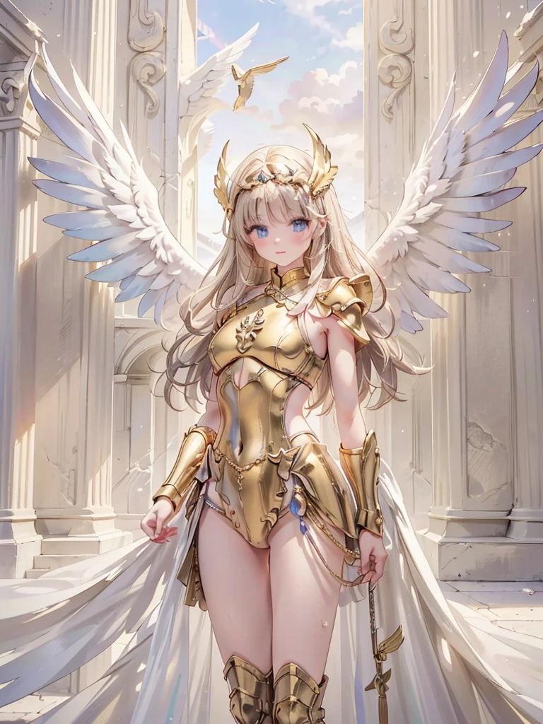 masterpiece, best quality, Very detailed, 16K, Ultra-high resolution, Cowboy shooting, Delicate face, Perfect fingers, A woman, , Greece, Dreams, In front of the Parthenon, 射手座armor, armor, golden armor, wing, helmet, long metal wing, long golden wing