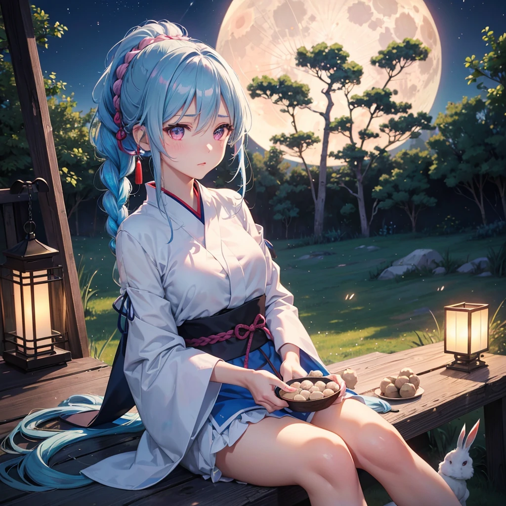 Sky blue hair, (Braided Ponytail:1.2), Pink eyes,Fair skin ,(whole body),(One Girl),Tsukimi,(White sweet dumplings ),Japanese pampas grass,(beautiful, Full moon shining in the night sky),(masterpiece, Highest quality, Very detailed, Best Shadow), (Detailed Background), (Beautifully detailed face), High Contrast, (Best lighting, Very delicate and beautiful), ((Cinematic Light)), colorful, Hyper Detail,8k, Dramatic Light, Intricate details,Sit and eat dumplings while watching the moon,(Shadow of a rabbit on the moon),mysterious