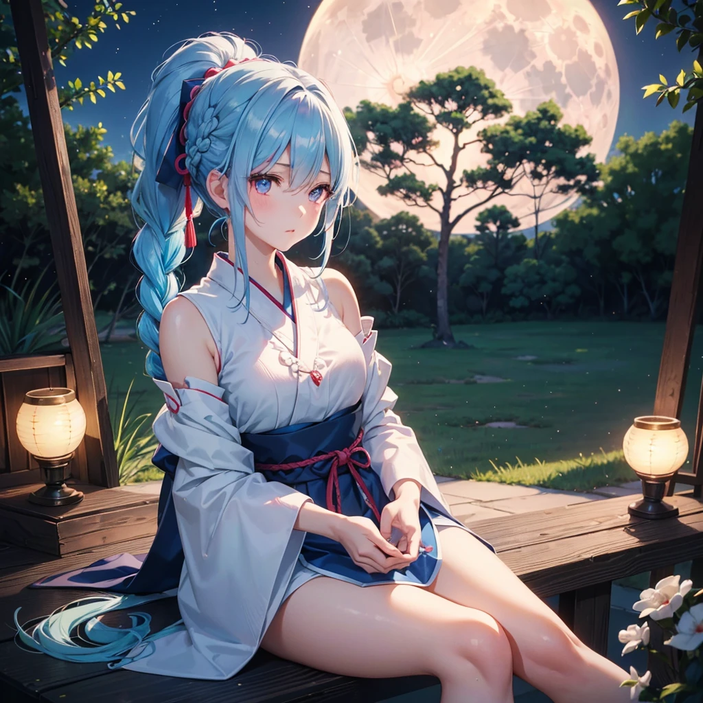 Sky blue hair, (Braided Ponytail:1.2), Pink eyes,Fair skin ,(whole body),(One Girl),Tsukimi,(White sweet dumplings ),Japanese pampas grass,(beautiful, Full moon shining in the night sky),(masterpiece, Highest quality, Very detailed, Best Shadow), (Detailed Background), (Beautifully detailed face), High Contrast, (Best lighting, Very delicate and beautiful), ((Cinematic Light)), colorful, Hyper Detail,8k, Dramatic Light, Intricate details,Sit and eat dumplings while watching the moon,(Shadow of a rabbit on the moon),mysterious