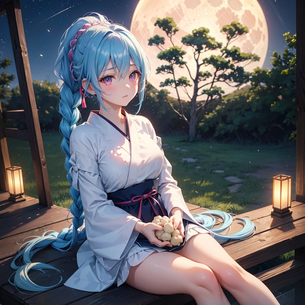 Sky blue hair, (Braided Ponytail:1.2), Pink eyes,Fair skin ,(whole body),(One Girl),Tsukimi,(White sweet dumplings ),Japanese pampas grass,(beautiful, Full moon shining in the night sky),(masterpiece, Highest quality, Very detailed, Best Shadow), (Detailed Background), (Beautifully detailed face), High Contrast, (Best lighting, Very delicate and beautiful), ((Cinematic Light)), colorful, Hyper Detail,8k, Dramatic Light, Intricate details,Sit and eat dumplings while watching the moon,(Shadow of a rabbit on the moon),mysterious