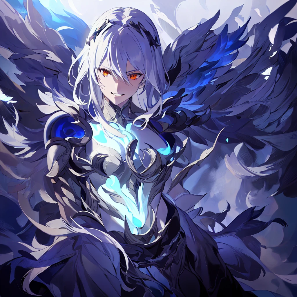 masterpiece, best quality, (detailed anime, video game art, extremely detailed CG unity 8k wallpaper), (best quality), (best illustration), (best shadow), absurdres, realistic lighting, (Abyss), beautiful detailed glow, (anime, solo, mature, tsurime, hair in front of eye, 1girl, upper body shot:1.29), smoke,wings, (blue fire, blue flames, blue stars, hell, underworld, smirk:1.1), constricted eyes, orange eyes, armor, carapace, rosewings, seraphim, seraph, corrupted angel, villain pose, dynamic pose, from the side, angle, greek clothes, hades, heterochromia