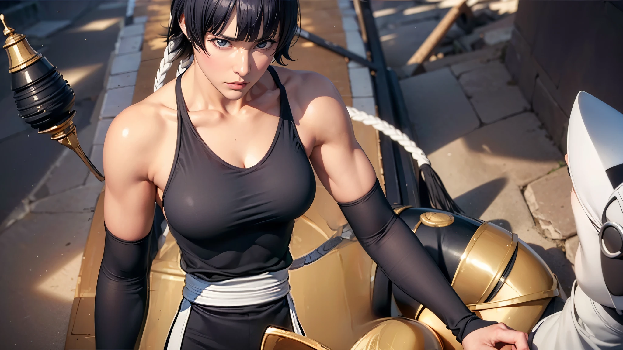 (((Perfect body,White and tender skin,(((japanese clothes, sideboob,Black top, Gold belt, black sleeves, black Japanese pants ))),(((sui-feng, short hair, short hair with long locks,Black hair))),((masterpiece)),high resolution, ((Best quality at best)),masterpiece,quality,Best quality,((( Exquisite facial features,Looking at the audience,There is light in the eyes,anger,frown))),))),(((Light and shadow,Well-developed muscles,Chest muscles,Abdominal muscles,))),(((Looking at the camera,black background,)))),