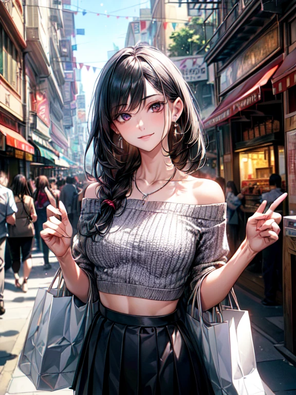 8K, (masterpiece, best quality:1.3), ((bokeh)), (short focus lens:1.4), anime style, Japanese, 1 lady, medium shot, (face light), cinematic lighting, sharp focus, (Left to Right Balance), beautiful eyes, (Perfect Hands,Perfect Fingers,Perfect Limbs,Perfect Body,Correct Human Body,Perfect Image Realism,Perfect Anatomy),
(shiny skin, detailed skin),
(black hair:1.2), long straight black hair:1.3, gray eyes,
wearing trendy outfit, (white off-shoulder knit top, short sleeve knit top, cropped knit top, bare belly button, detailed texture, fitted, casual attire, pleated mini skirt), Silver chain necklace with small charm, simple silver earrings, silver bracelet, casual pose,
(small breast), beautiful body, model body type, teacher, serious and vigilant,
(lovely smile),
face light, cinematic lighting, sharp focus,
(beautiful scenery), (bustling daytime shopping street, crowded with people, colorful storefronts, outdoor cafes, shoppers carrying bags, bright sunlight, clear blue sky, urban scene), very wide, panorama view, sense of depth, magnificent view,