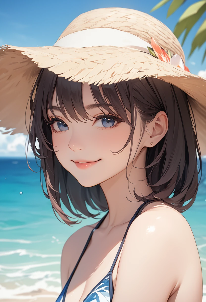 (masterpiece:1.5),(Beat quality),(high res),1girl solo,beautiful face,smile,upper body,swimwear women,Tropical Sea