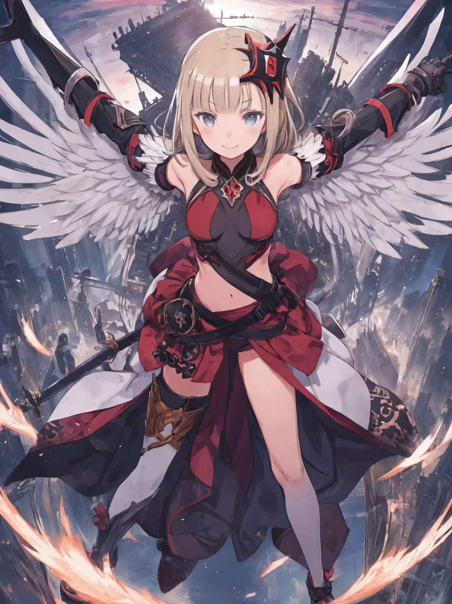 fantasy, 1devil_girl, low_teen, platina_blond_hair,long_bangs,, bare_shoulder, navel out, thighhighs,silver_armor, white_clothes,waist_armor, Glebe, hold_swords, medium_breasts, dynamic_flying_pose,Floating, (1pair_wings:1.2),(pelvic_curtain:1.3), silver_Headgear ,looking_down_at_sunrise_city_sky_background,,slightly_spread_legs, some_swords,some_swords_floating_around_the_girl,solo,horn ,smile,,open_legs,open_arms,rise_knee,rise_leg,rise_thigh,rise_leg,forward_leaning_posture,apart_legs,