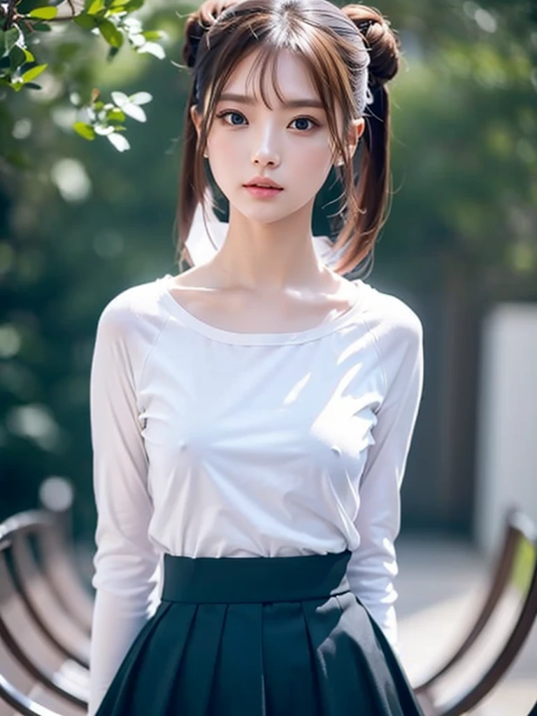 Medium View, Medium Shot, Written boundary depth, bust, Upper Body, Cinematic Angles,
(Highest quality,128k, masterpiece:1.55, photorealistic, hyperrealistic), masterpiece, highest quality, Very detailed, cg, 8K Wallpaper, Beautiful Face, Delicate eyes,
BREAK rosa, brown hair, double bun, doughnut hair bun, hair bun, blue eyes, hair between eyes, twintails, longhair, (Small breasts:1.2),
pantyhose, pantyhose under shorts, raglan sleeves, skirt, yellow skirt, white tanktop, blue sleeves, long sleeves, visor cap, nipples through, erectile nipples,
