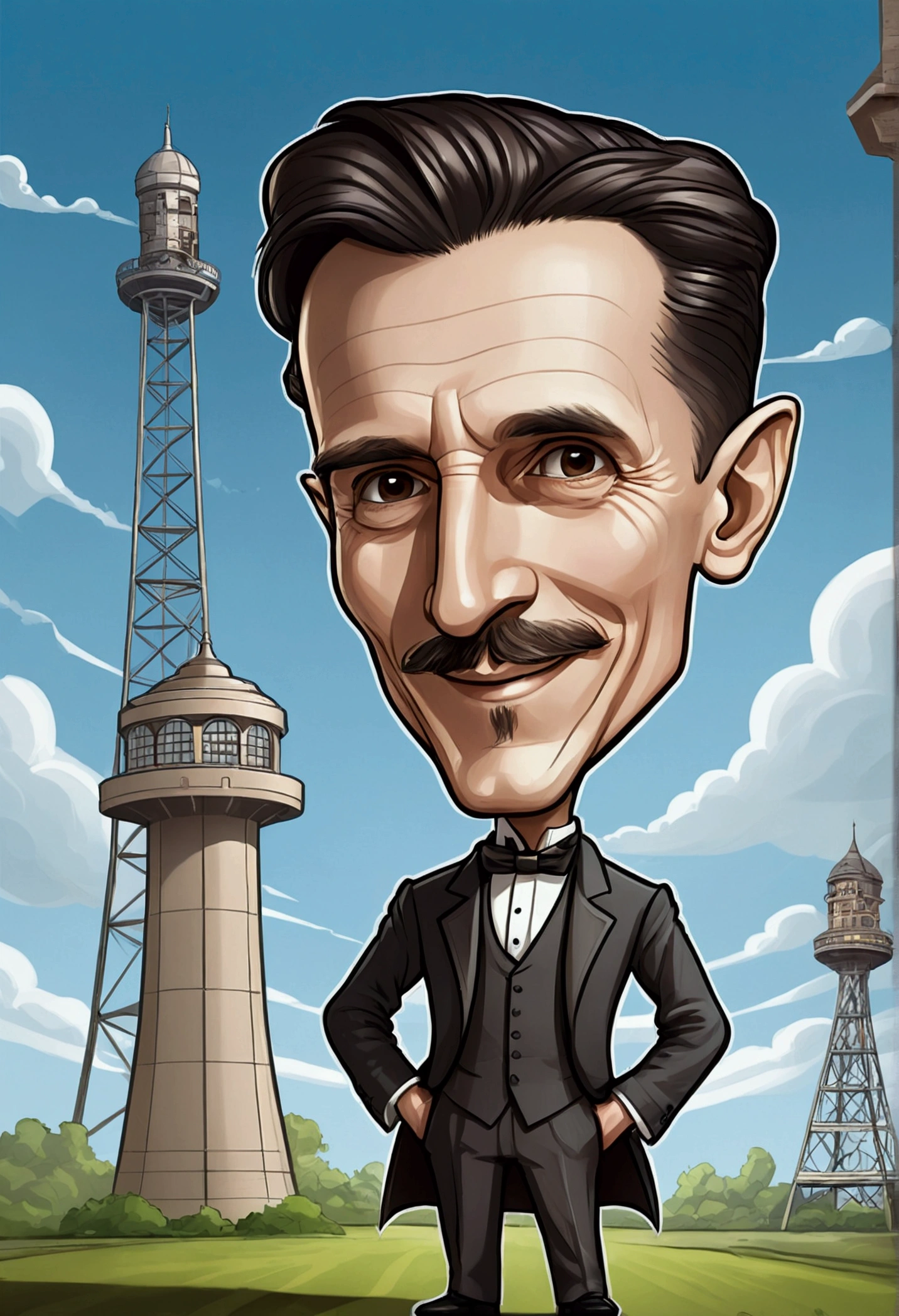 Nikola Tesla smile  standing , a tower tesla's with in the background, caricature style, in cartoon style, big head, standing in , chibi, caricature illustration, caricature!!!, caricature, digital art cartoon, cartoon artstyle,, with a big head, realistic cartoon, caricature, , cartoon portrait