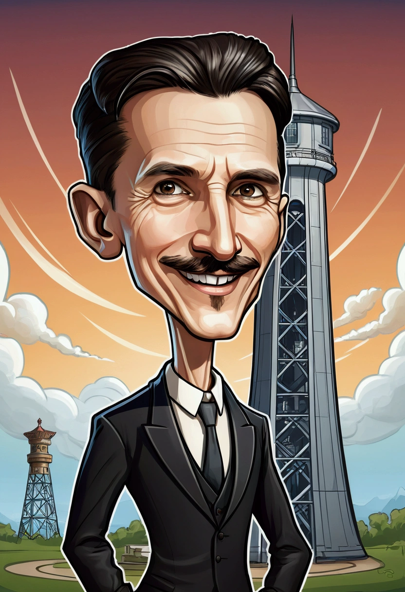 Nikola Tesla smile  standing , a tower tesla's with in the background, caricature style, in cartoon style, big head, standing in , chibi, caricature illustration, caricature!!!, caricature, digital art cartoon, cartoon artstyle,, with a big head, realistic cartoon, caricature, , cartoon portrait