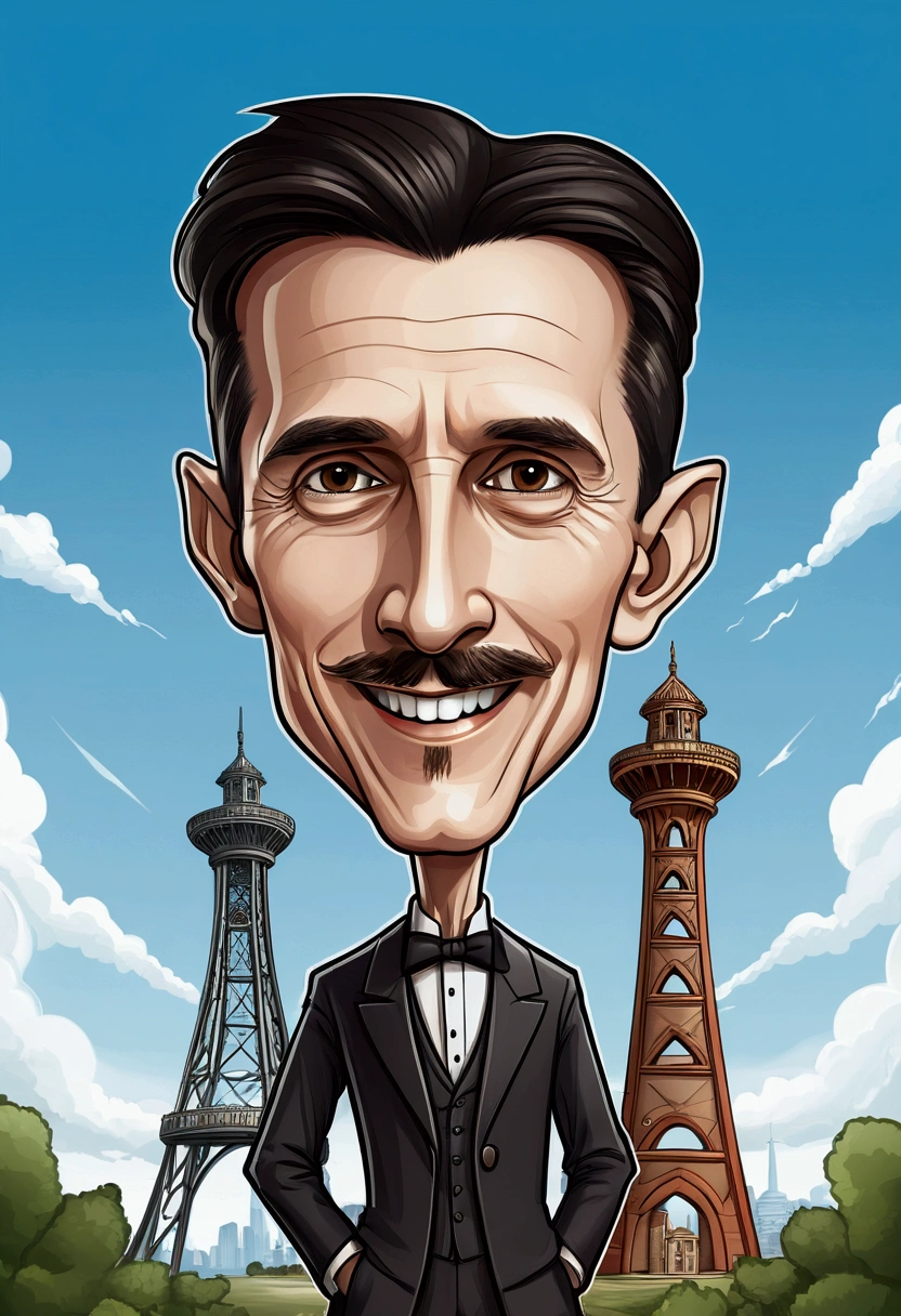 Nikola Tesla smile  standing , a tower tesla's with in the background, caricature style, in cartoon style, big head, standing in , chibi, caricature illustration, caricature!!!, caricature, digital art cartoon, cartoon artstyle,, with a big head, realistic cartoon, caricature, , cartoon portrait