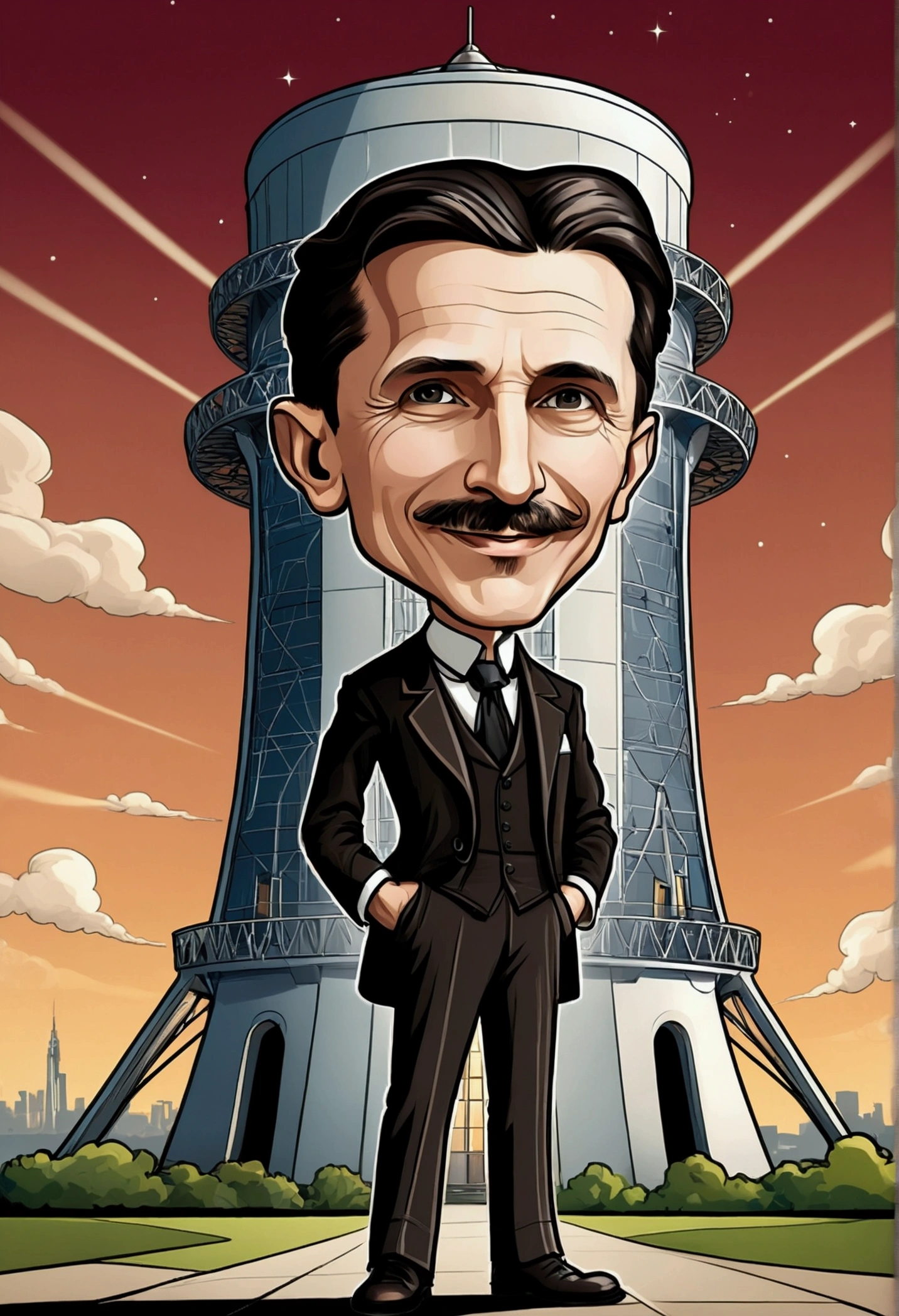 Nikola Tesla smile  standing , a tower tesla's with in the background, caricature style, in cartoon style, big head, standing in , chibi, caricature illustration, caricature!!!, caricature, digital art cartoon, cartoon artstyle,, with a big head, realistic cartoon, caricature, , cartoon portrait