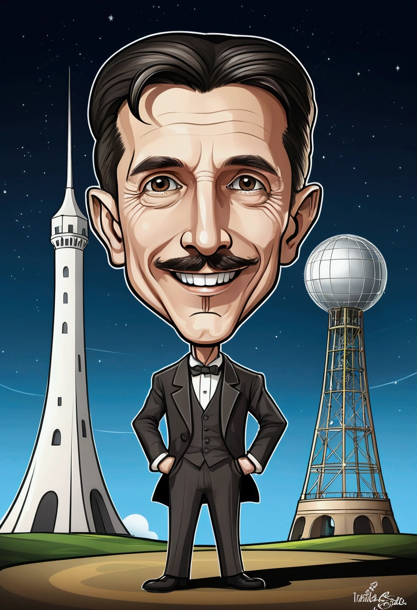 Nikola Tesla smile  standing , a tower tesla's with in the background, caricature style, in cartoon style, big head, standing in , chibi, caricature illustration, caricature!!!, caricature, digital art cartoon, cartoon artstyle,, with a big head, realistic cartoon, caricature, , cartoon portrait