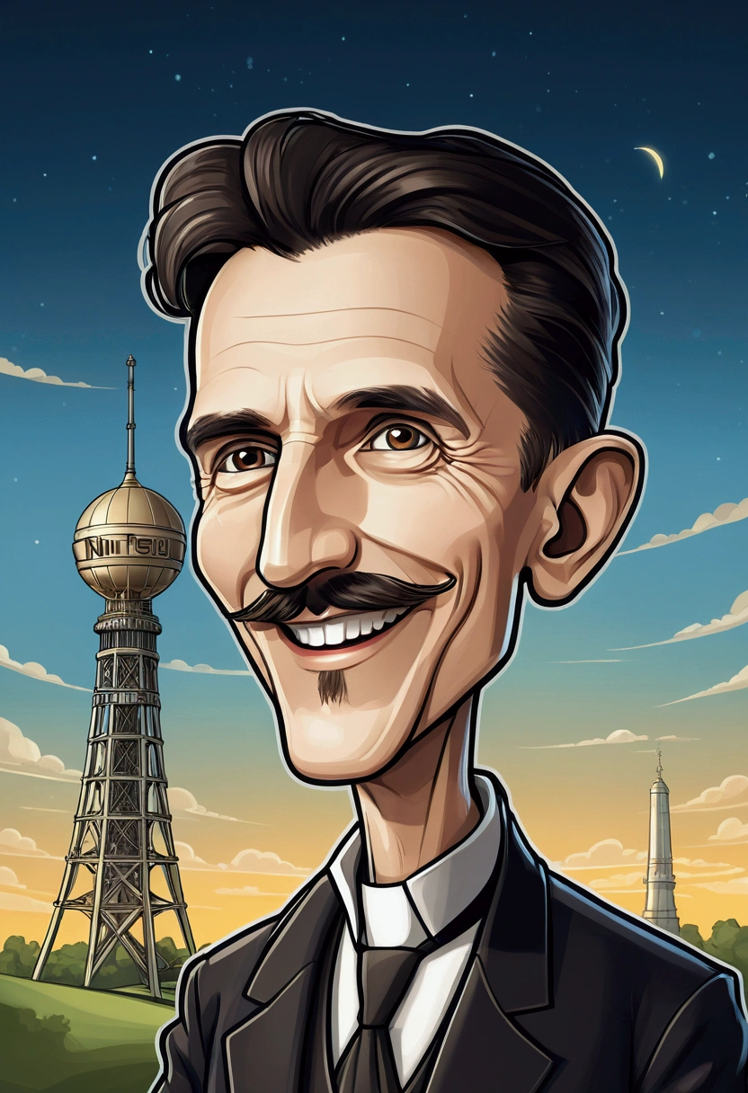 Nikola Tesla smile standing , a tower tesla's with in the background, caricature style, in cartoon style, big head, standing in , chibi, caricature illustration, caricature!!!, caricature, digital art cartoon, cartoon artstyle,, with a big head, realistic cartoon, caricature, , cartoon portrait