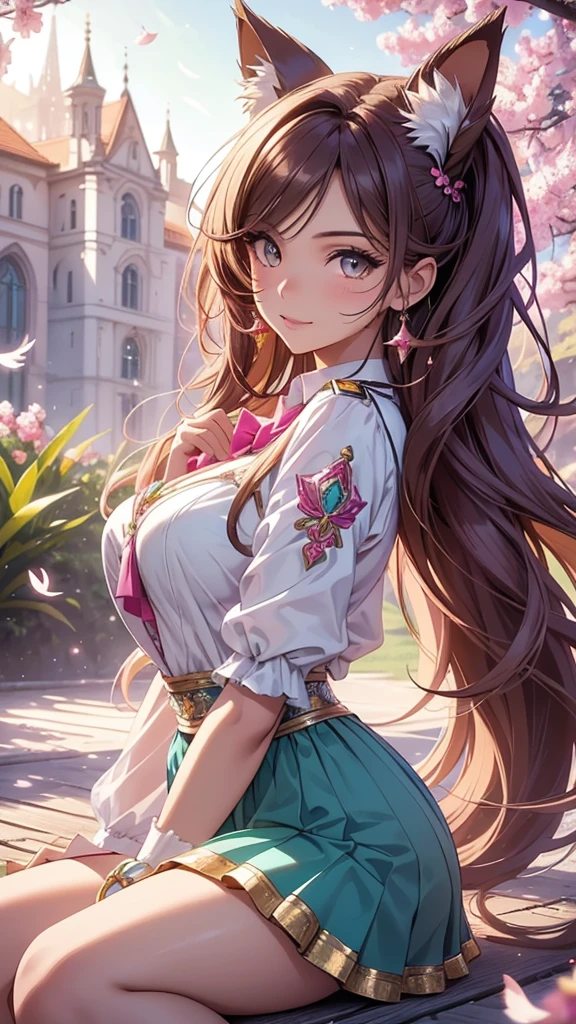 (best quality,4k,8k,highres,masterpiece:1.2),ultra-detailed,(realistic,photorealistic,photo-realistic:1.37),acrylic painting,beautiful Brazilian model in a uniform outfit with downy hair,beautiful Brazilian model with extremely colorful brown hair and detailed facial features,beautiful Brazilian model standing in a beautiful garden surrounded by a starry sky,brown hair,beautiful Brazilian model wearing a vibrant pink and teal uniform outfit,beautiful Brazilian model with intricate accessories,cat ears, ,beautiful Brazilian model with long flowing twintails,beautiful Brazilian model with bright brown eyes and rosy lips,beautiful Brazilian model with a joyful expression,beautiful Brazilian model in a dynamic pose with cherry blossoms falling around her,beautiful Brazilian model surrounded by colorful flowers and butterflies,beautiful Brazilian model's school uniform outfit adorned with cute bows and lace details,beautiful Brazilian model with an enchanting smile,beautiful Brazilian model with soft, pastel-colored shading,beautiful Brazilian model with a magical glow illuminating her,beautiful Brazilian model in a picturesque setting with a winding path leading to a magnificent castle,beautiful Brazilian model with a fairytale-like background,beautiful Brazilian model with a soft, dreamy atmosphere,beautiful Brazilian model with a subtle bokeh effect,beautiful Brazilian model standing under a sunny sky,beautiful Brazilian model with a warm, golden sunset in the background,beautiful Brazilian model surrounded by twinkling stars and colorful nebulae,creating an ethereal and captivating artistic masterpiece, sitting down, facing camera. 