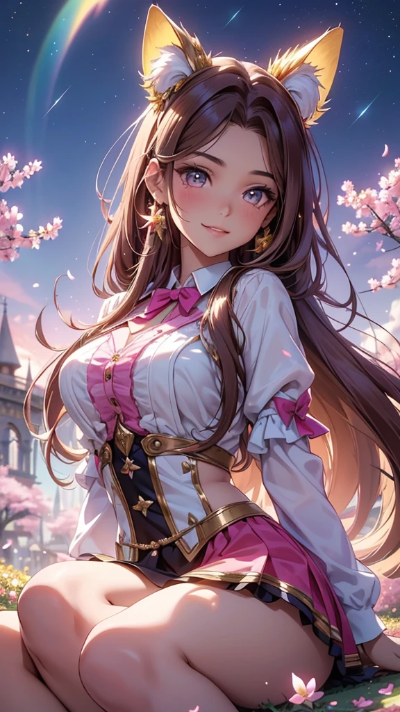 (best quality,4k,8k,highres,masterpiece:1.2),ultra-detailed,(realistic,photorealistic,photo-realistic:1.37),acrylic painting,beautiful Brazilian model in a uniform outfit with downy hair,beautiful Brazilian model with extremely colorful brown hair and detailed facial features,beautiful Brazilian model standing in a beautiful garden surrounded by a starry sky,brown hair,beautiful Brazilian model wearing a vibrant pink and teal uniform outfit,beautiful Brazilian model with intricate accessories,cat ears, ,beautiful Brazilian model with long flowing twintails,beautiful Brazilian model with bright brown eyes and rosy lips,beautiful Brazilian model with a joyful expression,beautiful Brazilian model in a dynamic pose with cherry blossoms falling around her,beautiful Brazilian model surrounded by colorful flowers and butterflies,beautiful Brazilian model's school uniform outfit adorned with cute bows and lace details,beautiful Brazilian model with an enchanting smile,beautiful Brazilian model with soft, pastel-colored shading,beautiful Brazilian model with a magical glow illuminating her,beautiful Brazilian model in a picturesque setting with a winding path leading to a magnificent castle,beautiful Brazilian model with a fairytale-like background,beautiful Brazilian model with a soft, dreamy atmosphere,beautiful Brazilian model with a subtle bokeh effect,beautiful Brazilian model standing under a sunny sky,beautiful Brazilian model with a warm, golden sunset in the background,beautiful Brazilian model surrounded by twinkling stars and colorful nebulae,creating an ethereal and captivating artistic masterpiece, sitting down, facing camera.