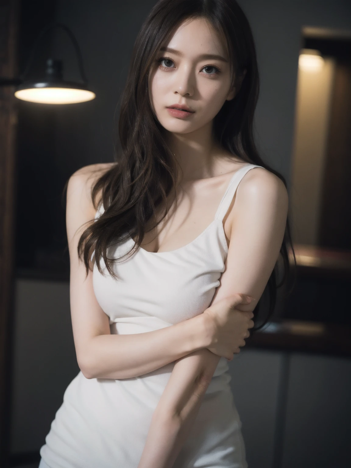 1girl, woman, masterpiece, best quality, highest quality, cinematic lighting, (volumetric lighting), extremely detailed CG unity 8k wallpaper, focused, 8k wallpaper, extremely detailed, ultra realistic, photorealistic, sharp focus, absurdres, (HDR:1.2), (high contrast), photograph, detailed and intricate, instagram, portrait, highly detailed, digital painting, artstation, concept art, smooth, sharp focus, illustration, cinematic lighting, (whole body:1.2), (White strap tanktop), open chest, big breast.