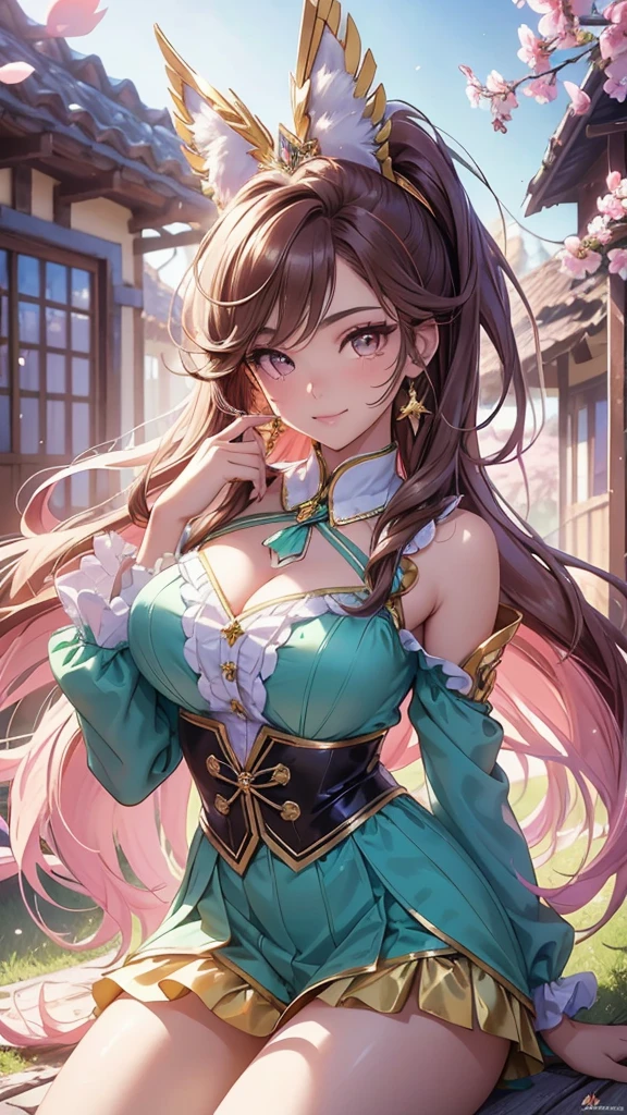 (best quality,4k,8k,highres,masterpiece:1.2),ultra-detailed,(realistic,photorealistic,photo-realistic:1.37),acrylic painting,beautiful Brazilian model in a uniform outfit with downy hair,beautiful Brazilian model with extremely colorful brown hair and detailed facial features,beautiful Brazilian model standing in a beautiful garden surrounded by a starry sky,brown hair,beautiful Brazilian model wearing a vibrant pink and teal uniform outfit,beautiful Brazilian model with intricate accessories,cat ears, ,beautiful Brazilian model with long flowing twintails,beautiful Brazilian model with bright brown eyes and rosy lips,beautiful Brazilian model with a joyful expression,beautiful Brazilian model in a dynamic pose with cherry blossoms falling around her,beautiful Brazilian model surrounded by colorful flowers and erflies,beautiful Brazilian model's school uniform outfit adorned with cute bows and lace details,beautiful Brazilian model with an enchanting smile,beautiful Brazilian model with soft, pastel-colored shading,beautiful Brazilian model with a magical glow illuminating her,beautiful Brazilian model in a picturesque setting with a winding path leading to a magnificent castle,beautiful Brazilian model with a fairytale-like background,beautiful Brazilian model with a soft, dreamy atmosphere,beautiful Brazilian model with a subtle bokeh effect,beautiful Brazilian model standing under a sunny sky,beautiful Brazilian model with a warm, golden sunset in the background,beautiful Brazilian model surrounded by twin stars and colorful nebulae,creating an ethereal and captivating artistic masterpiece, sitting down, facing camera. 
