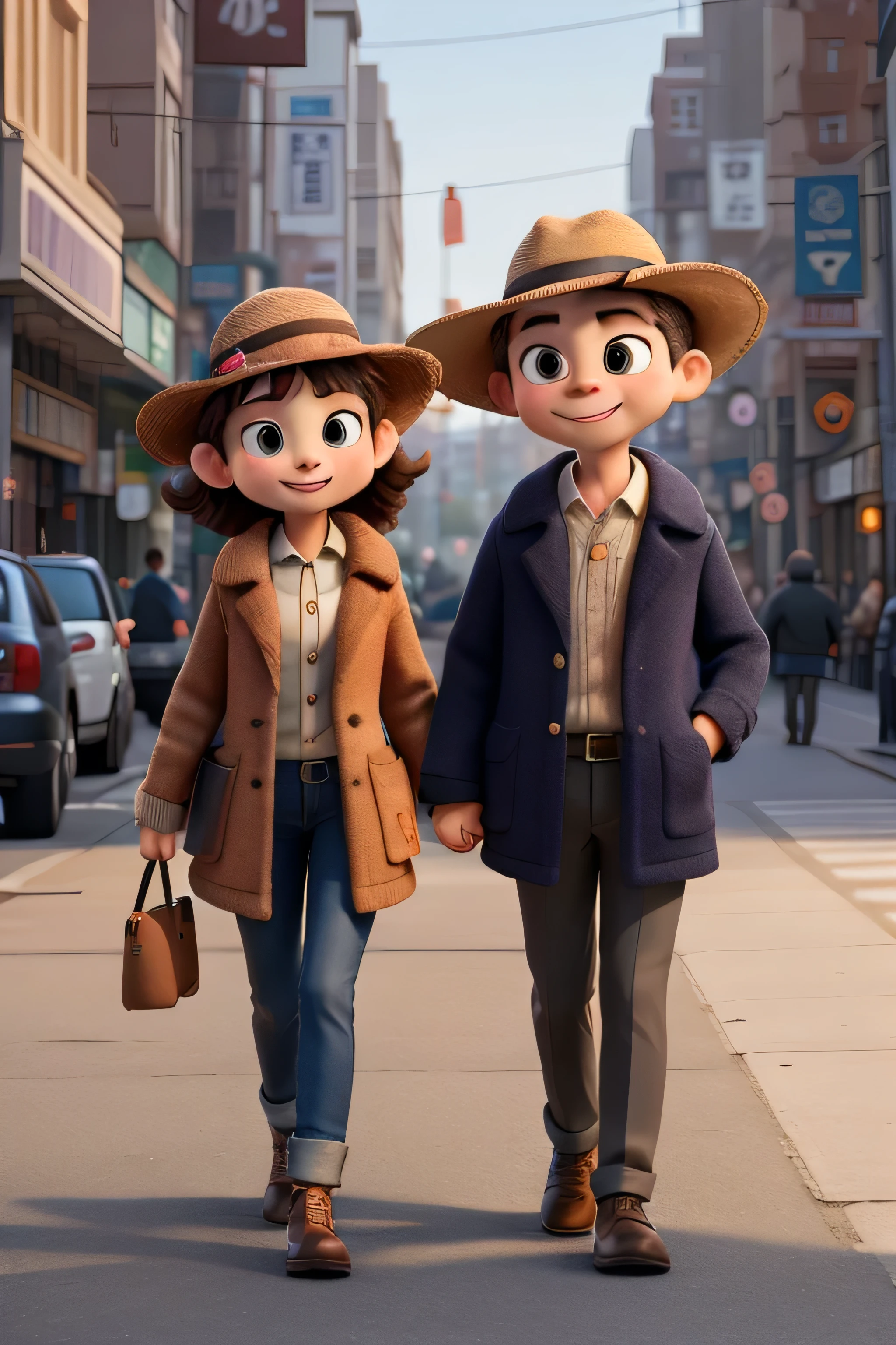 Two cats in hats and coats, walking on busy city sidewalks, gaya art deco.