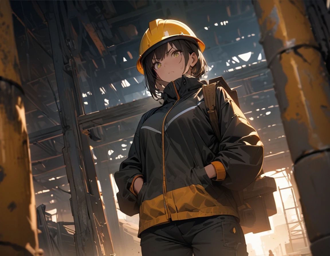 top of construction site made of Steel bars and concrete, masterpiece, top quality, highly detailed illustration, incredibly delicate and beautiful,8K,A Beautiful Asian woman dressed in work clothes is standing at the construction site,short hair,lash extension,((She is carrying a Steel bars on her shoulder)),ultra-detailed face,detailed eyes,The woman is wearing a yellow helmet,Focus on the woman,Sweat,Serious,rim light,Low Angle,wide shot