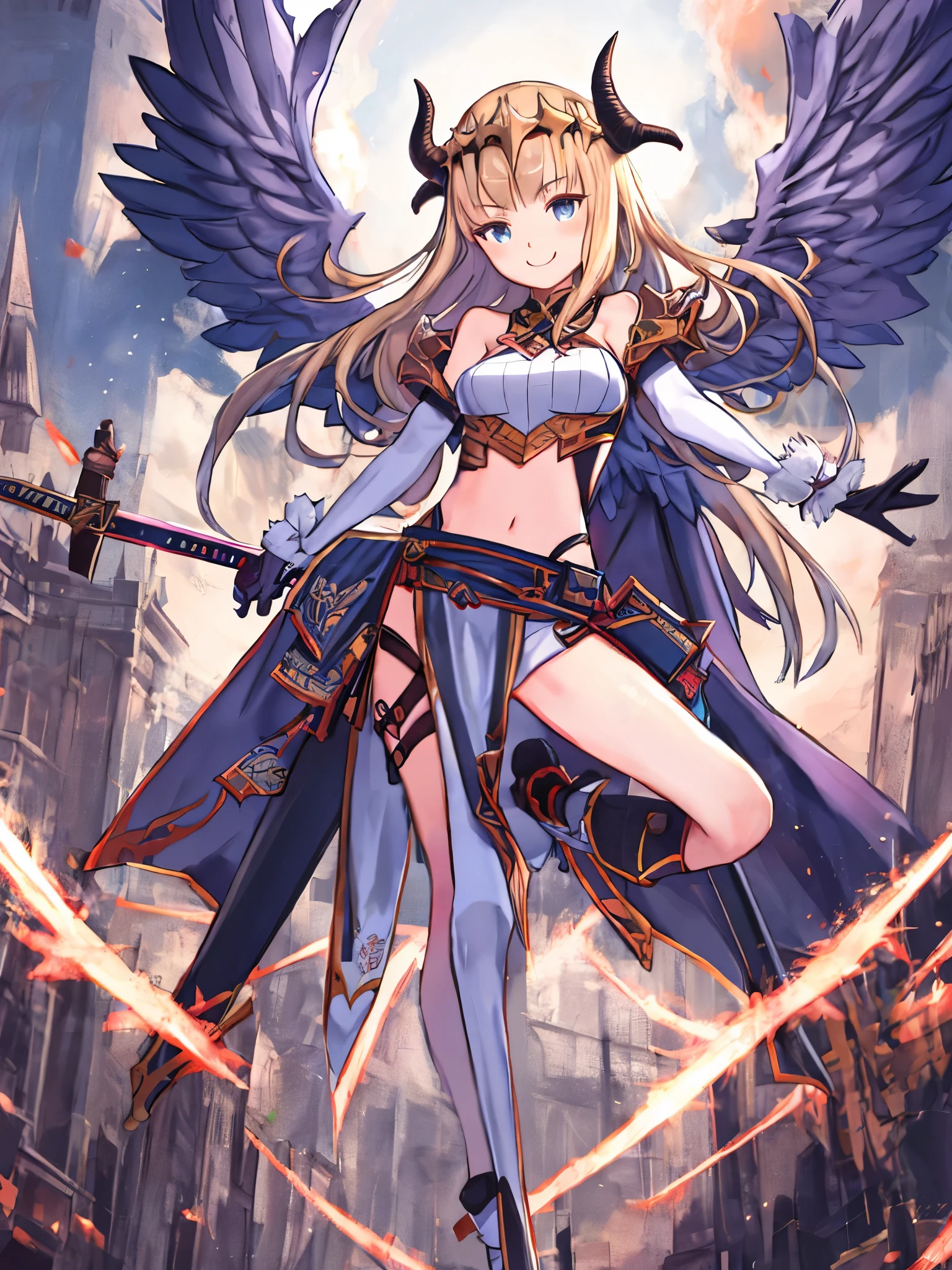 fantasy, 1devil_girl, low_, platina_blond_hair,long_bangs,, bare_shoulder, navel out, thighhighs,silver_armor, white_clothes,waist_armor, Glebe, hold_swords, medium_breasts, dynamic_flying_pose,Floating, (1pair_wings:1.2),(pelvic_curtain:1.3), silver_Headgear ,looking_down_at_sunrise_city_sky_background,,slightly_spread_legs, some_swords,some_swords_floating_around_the_girl,solo,horn ,smile,,open_legs,open_arms,rise_knee,rise_leg,rise_thigh,rise_leg,forward_leaning_posture,apart_legs,
