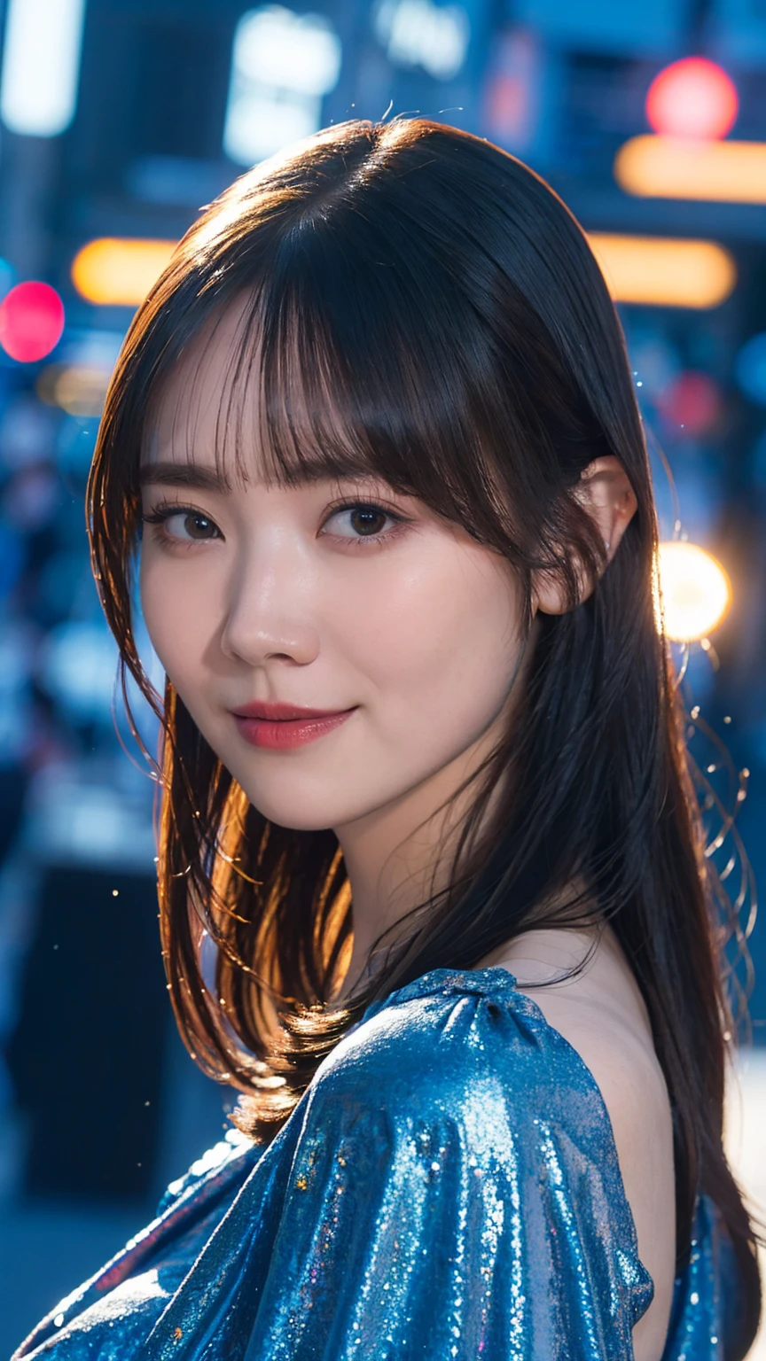 1girl,(wearing a blue glittery evening dress:1.2),(RAW photo, best quality), (realistic, photo-realistic:1.4), masterpiece, an extremely delicate and beautiful, extremely detailed, 2k wallpaper, Amazing, finely detail, extremely detailed CG unity 8k wallpaper, ultra-detailed, highres, soft light, beautiful detailed girl, extremely detailed eyes and face, beautiful detailed nose, beautiful detailed eyes,cinematic lighting,city lights at night,perfect anatomy,slender body,light smile,close up,(long hair with bangs), big breast
