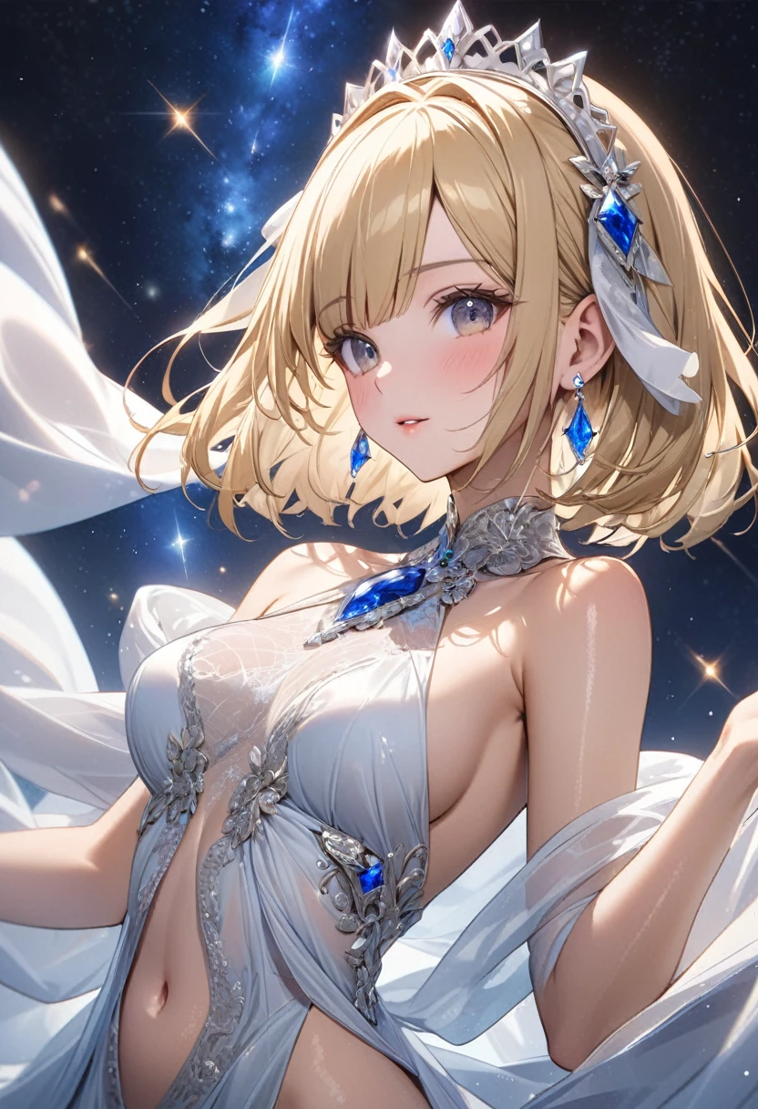 ((masterpiece)), (Textured Skin), ((High Detail)), best quality, The award-winning, 8K, Beautiful woman, Silk dress, noble, Princess, Queen, Blonde, Half bun, Hair flap, jewelled headdress, Crystal Earrings, Sharp focus A Beautiful woman with perfect body, Thin belly, Light brown hair, Shiny hair, Bob Cut, Starry Sky, Sapphire Ring