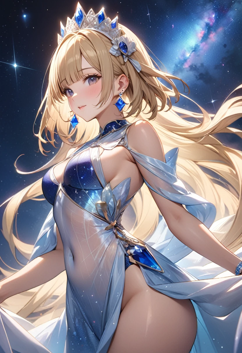 ((masterpiece)), (Textured Skin), ((High Detail)), best quality, The award-winning, 8K, Beautiful woman, Silk dress, noble, Princess, Queen, Blonde, Half bun, Hair flap, jewelled headdress, Crystal Earrings, Sharp focus A Beautiful woman with perfect body, Thin belly, Light brown hair, Shiny hair, Bob Cut, Starry Sky, Sapphire Ring