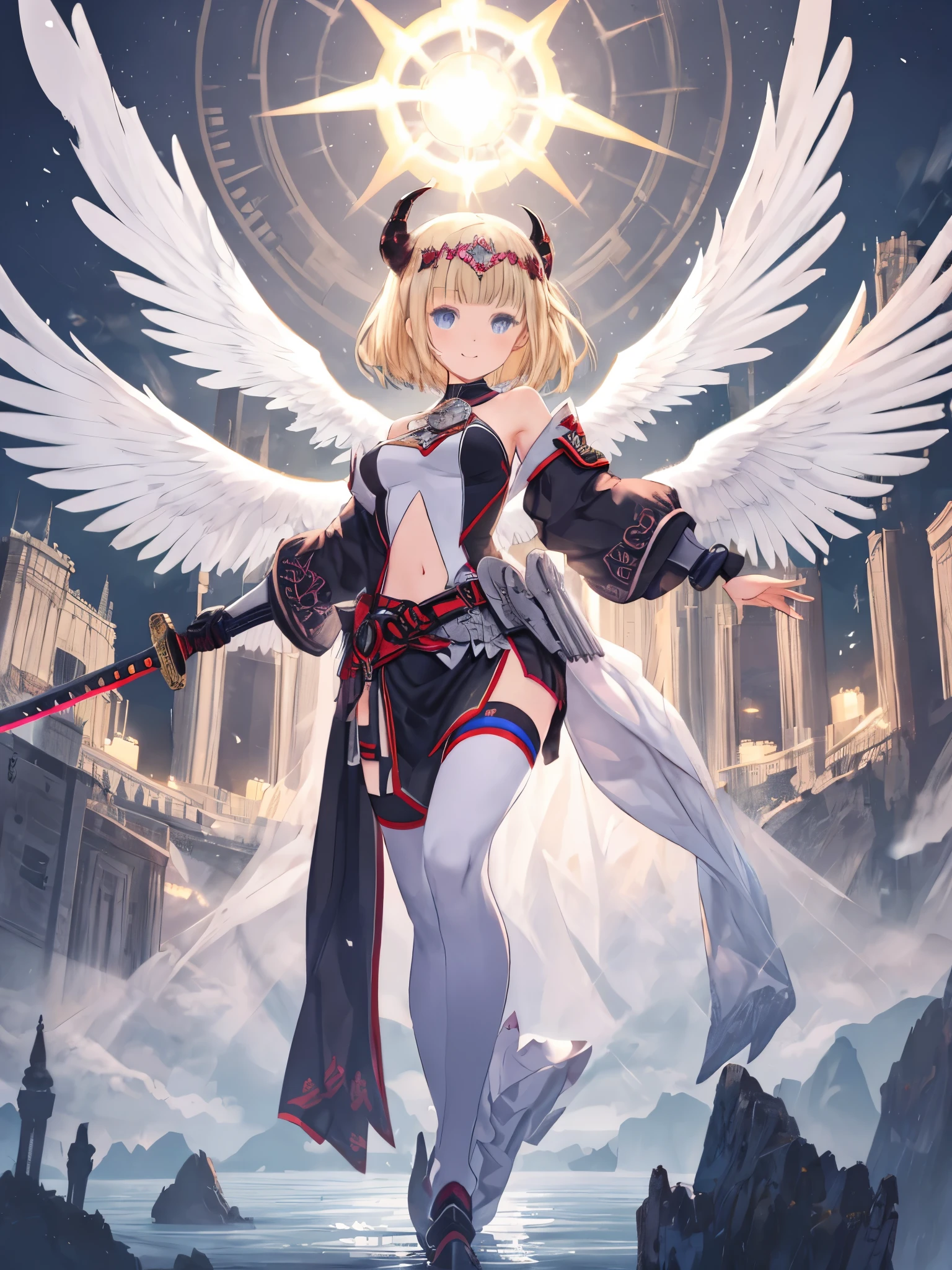 fantasy, 1devil_girl, low_teen, platina_blond_hair,long_bangs,, bare_shoulder, navel out, thighhighs,silver_shiny_armor, white_clothes,waist_armor, Glebe, hold_swords_emits_light, medium_breasts, dynamic_flying_pose,Floating, (1pair_white_wings:1.2),(pelvic_curtain:1.3), silver_Headgear ,looking_down_at_sunrise_city_sky_background,,slightly_spread_legs, some_swords_emits_light,some_swords_emits_light_floating_around_the_girl,solo,glare_halo ,smile,,open_legs,open_arms,rise_knee,rise_leg,rise_thigh,rise_leg,forward_leaning_posture,apart_legs,