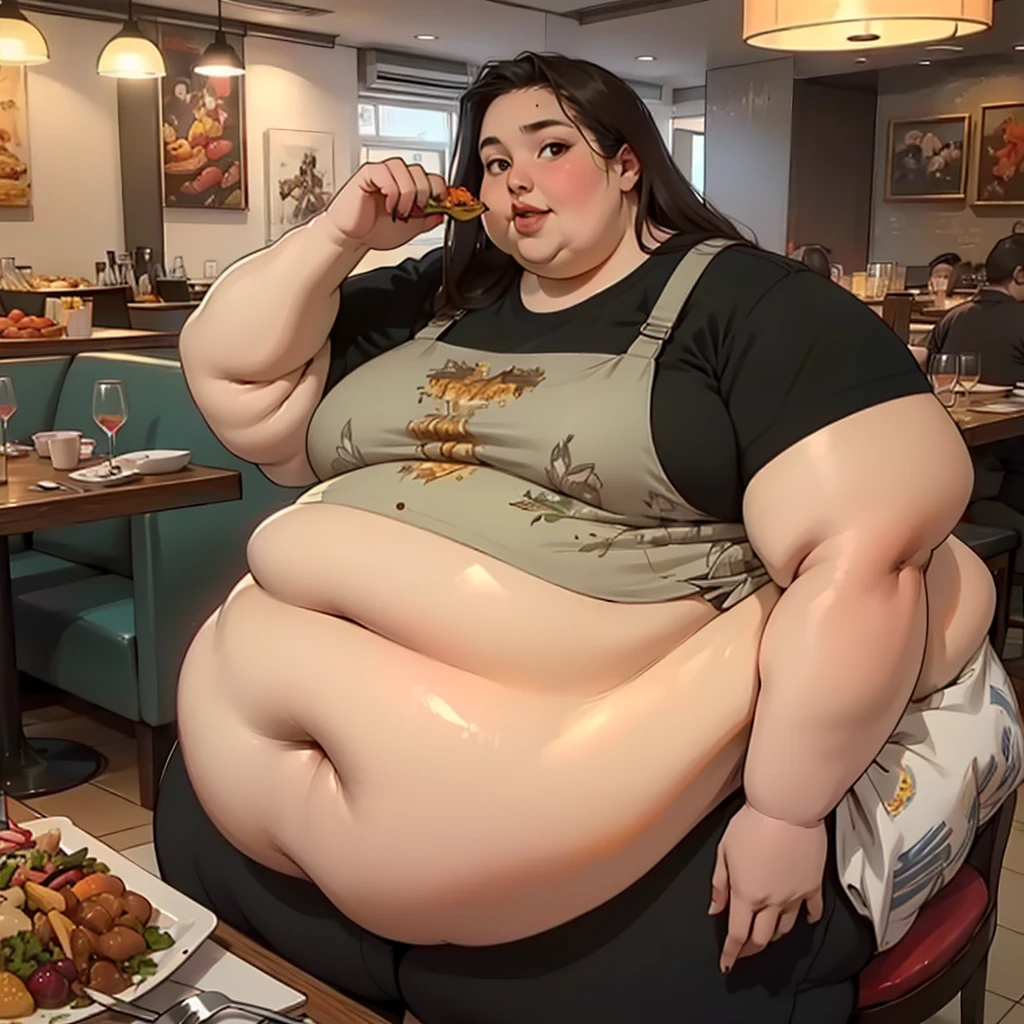 (masterpiece, detailed, realistic:1.2), young woman, eating junk food, USSBBW, (morbidly obese:1.5), detailed face, beautiful face, high aesthetic, restaurant, messy, slob
