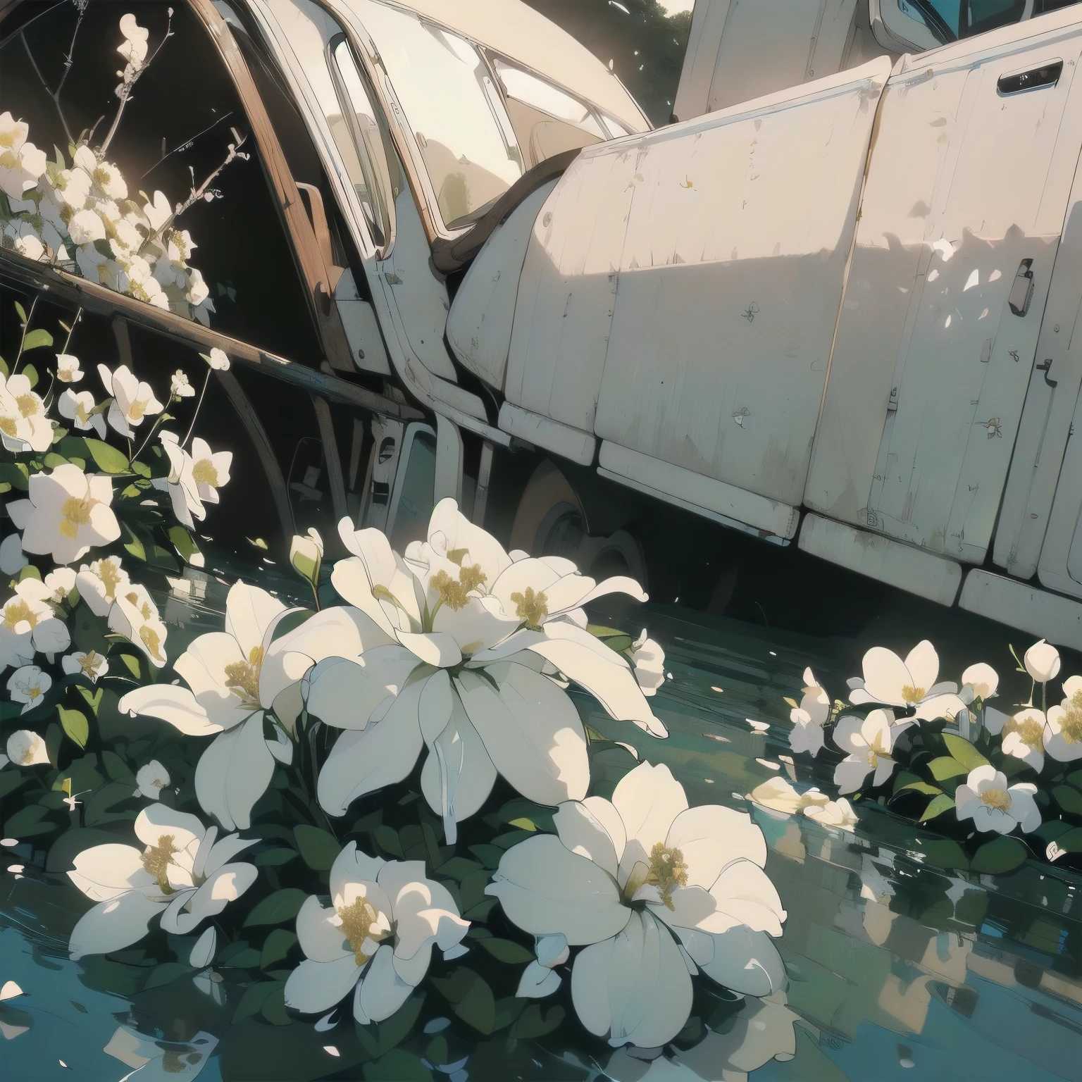 (((Masterpiece, top quality))), (((32K wallpaper))), ultra high resolution, (((close-up))), gorgeous light leak, (((backlit))), highly detailed background, top quality, (((no humans))), highly transparent river, (((extremely detailed rusty heavy truck with many white flowers)), (((( very dull color )))), (((( white flowers in the water))), (((White petals fly)))