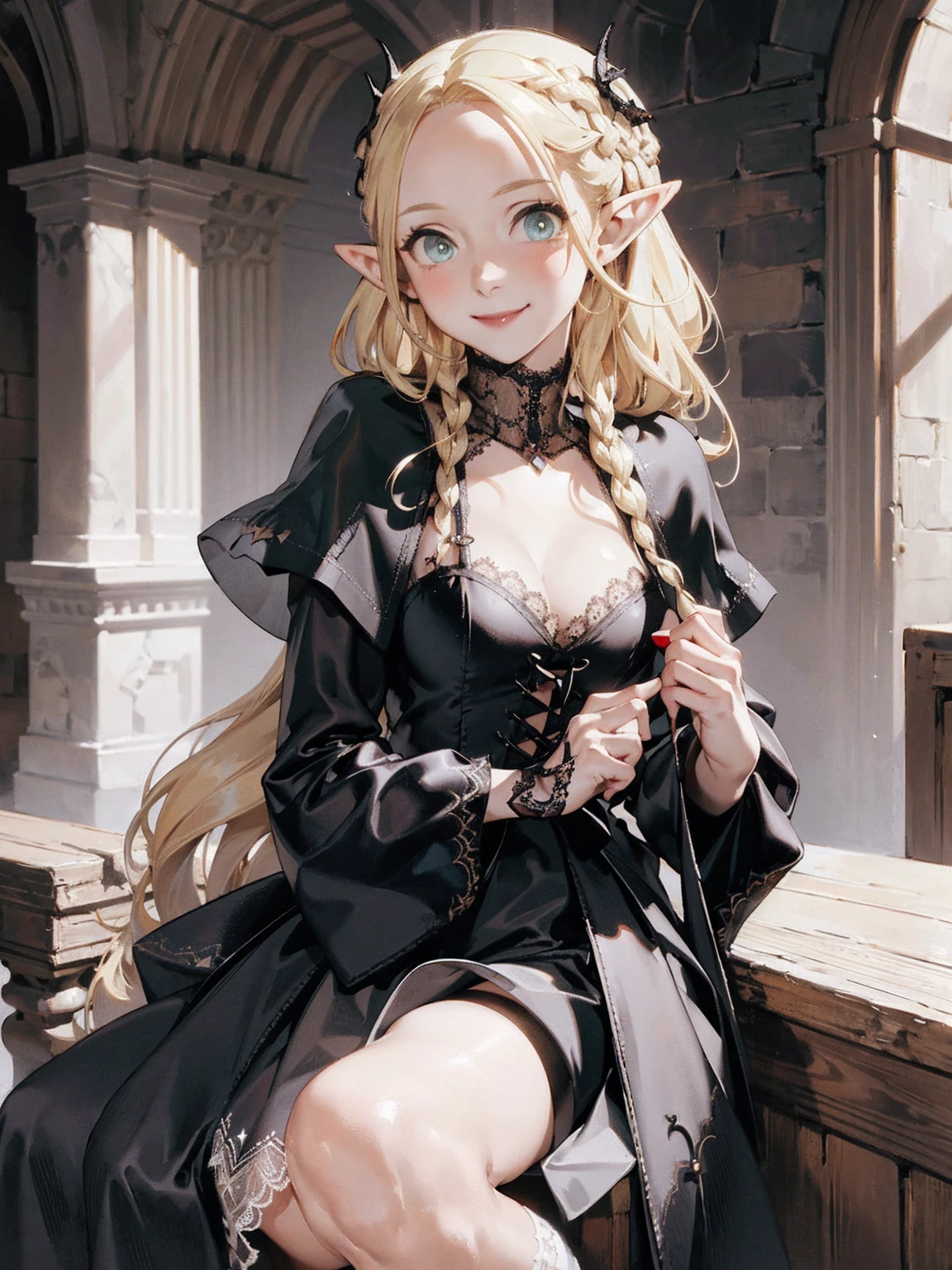 Gothic fashion woman，(masterpiece, Highest quality) detailed,Silver Accessories , blonde ,Pointy Ears ，Lace Underwear，Double Tail，Waist-length hair，smile，White lace socks，Rococo、Gorgeous dress
