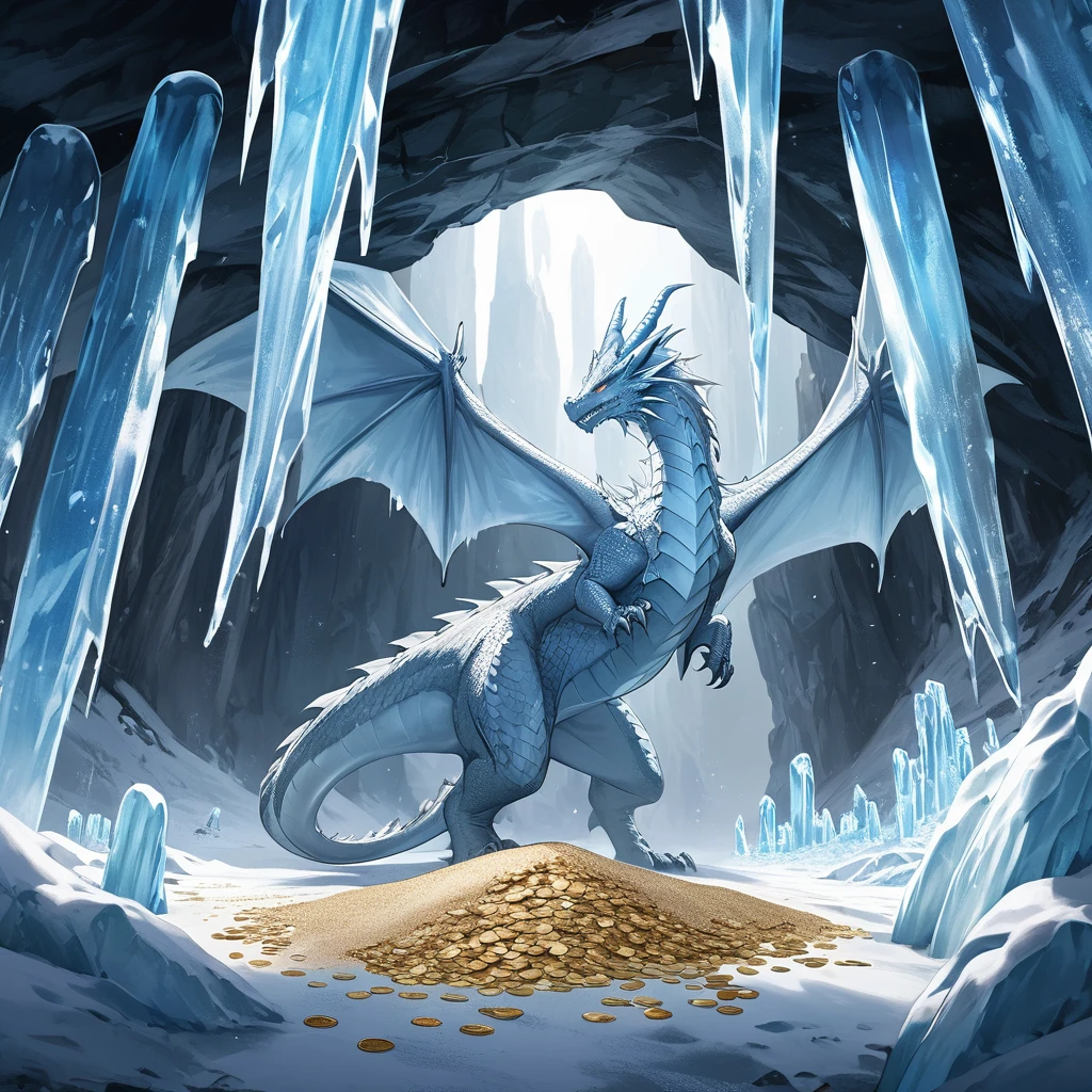 extreme long shot, BREAK, A silver dragon with (2 wings) in an ice cave, ((((ice pillars in the foreground, dragon partially hidden by ice)))), BREAK, (((((((large pile of golden {sand:coins:0.5),))))))) , BREAK, mystical creature, realistic, ultra detailed, masterpiece, dynamic pose, moonlit through the ice, (luminous mist on the ground)