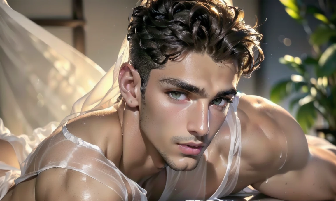 "((highly detailed, detailed eyes, detailed face, clear and realistic facial features, photorealistic, realistic light; cinematic)), (1 man), ((((artist studio background)))), (((23-year-old male))), (((seductive sexy enigmatic gorgeous greek male model))), ((((Greek nose)))), ((strong ethnic Greek appearance)), ((((model is acting enticing)))), ((seductive expression)), (((blushing))), ((short dark-brown hair)), ((((mysterious eyes)))), ((olive skin)), (((long dark-brown natural eyelashes))), (((clean-shaven face))), (((posing seductively with body draped in a sheer white silk sheet))."